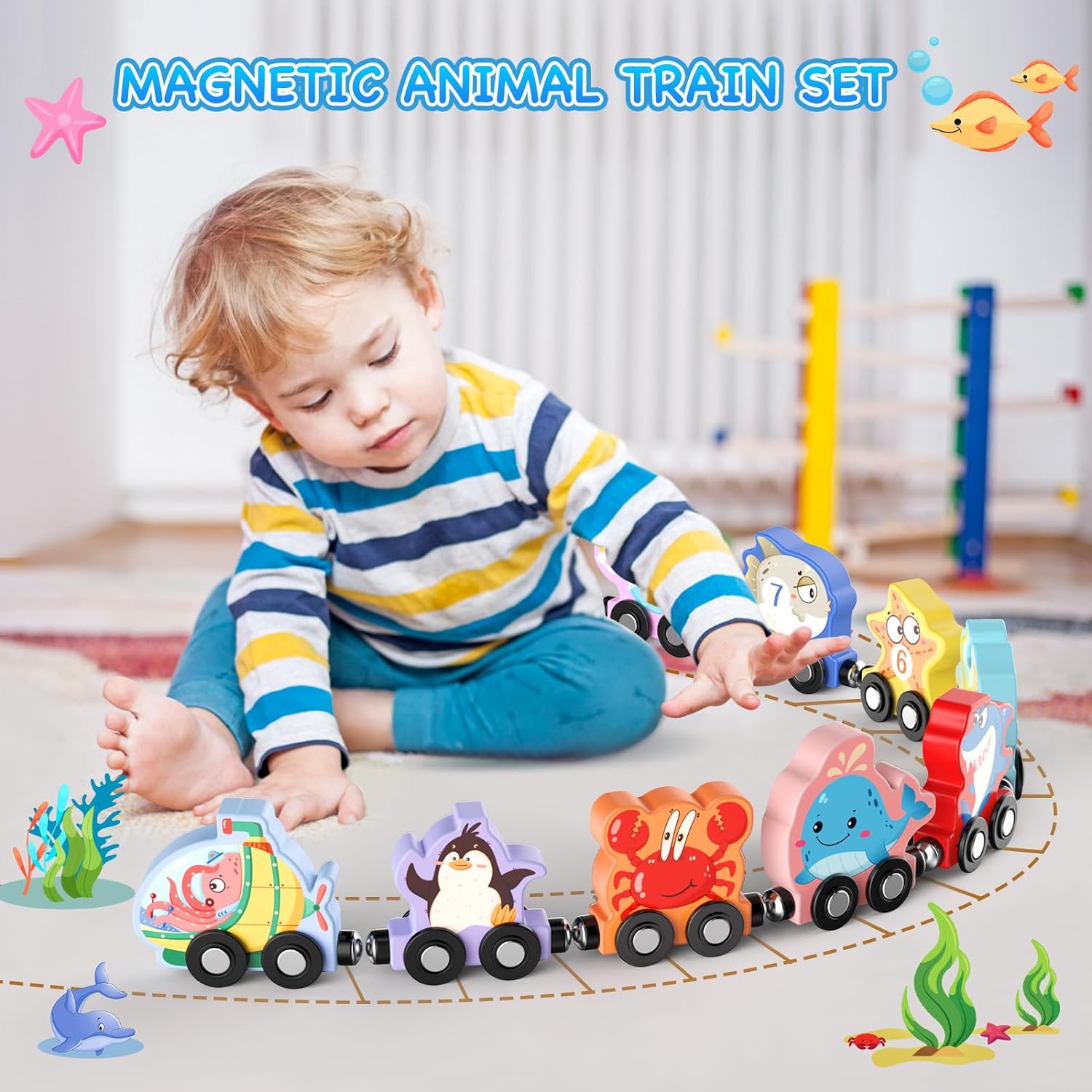 Ensemble de train en bois magnétique avec 11 animaux | Jouets Montessori pour activités d'apprentissage préscolaire des tout-petits King of Toys