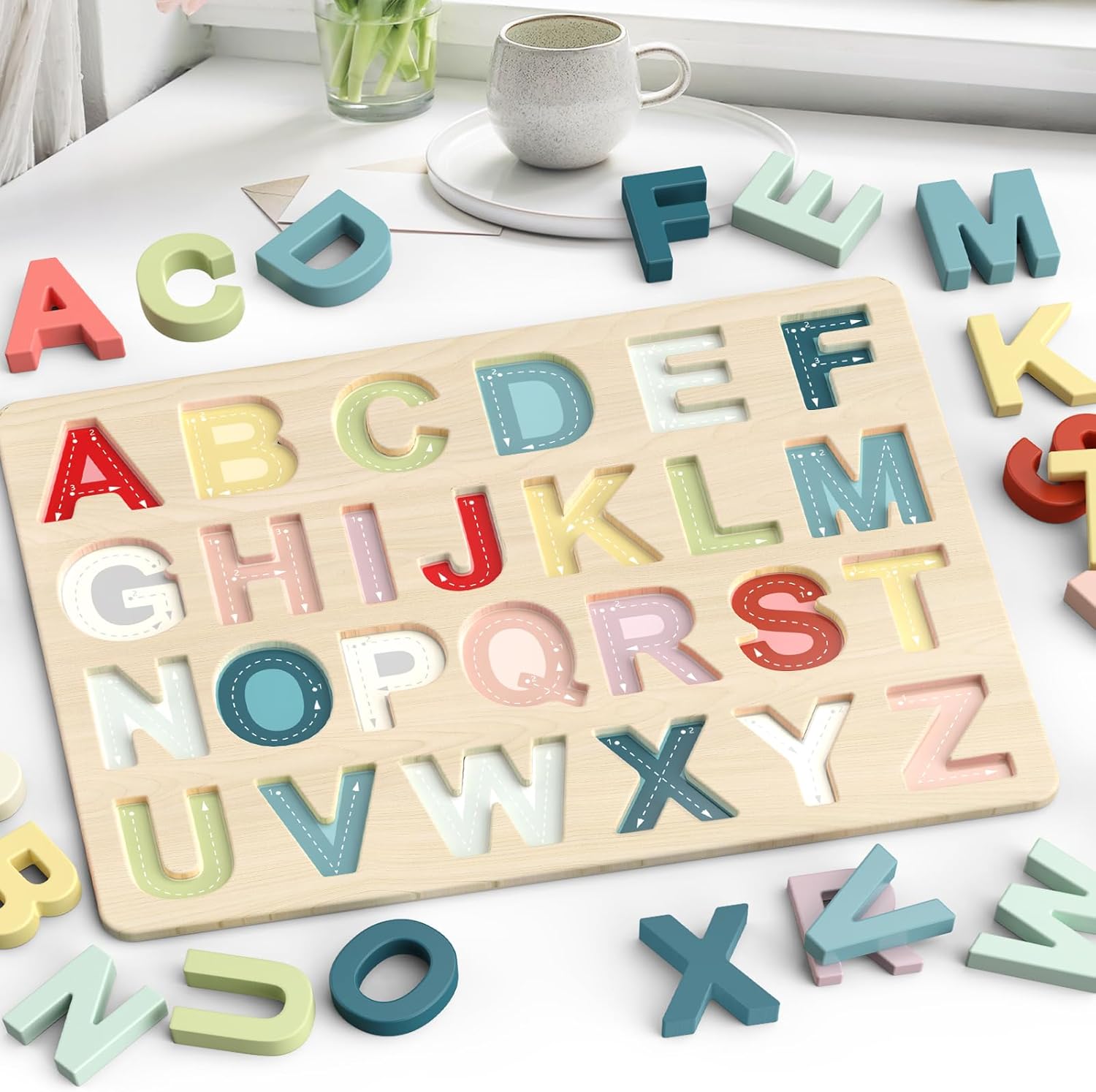 Puzzle Alphabet en Bois Montessori pour Enfants 3 Ans et Plus - Jeu Éducatif des Lettres Majuscules pour Tout-Petits Garçons et Filles - Cadeau Apprentissage Préscolaire