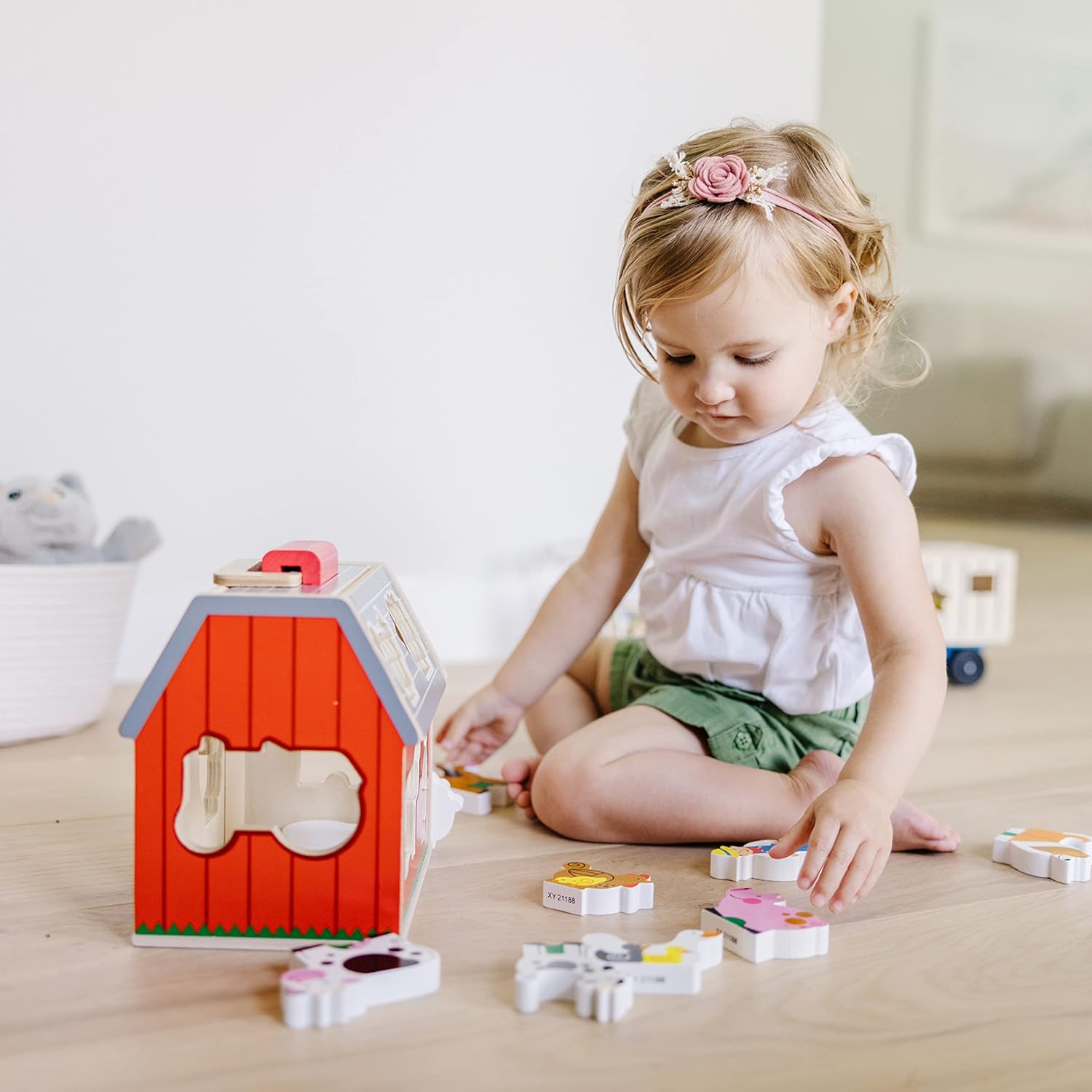 Jouet de ferme en bois avec toit rabattable | 10 pièces de jeu d'apprentissage, tri de formes et empilage pour enfants de 2 ans et plus