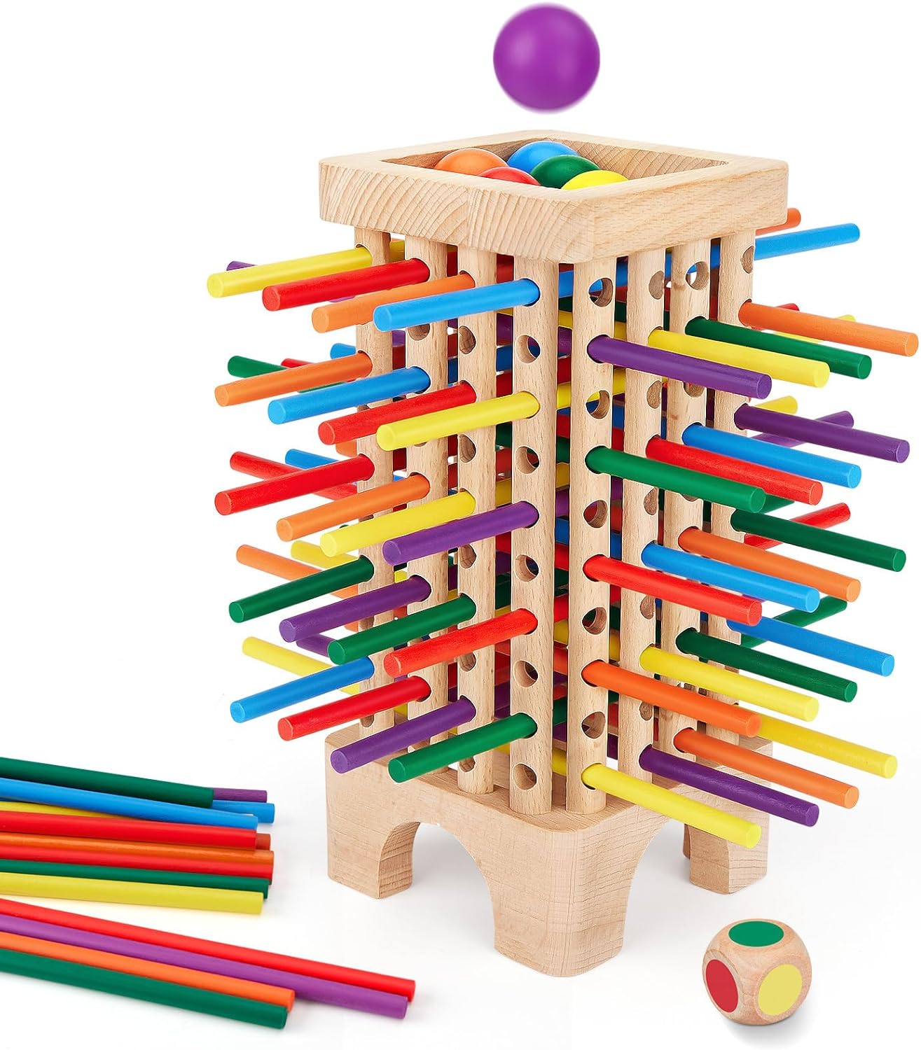 Jeu de Société en Bois Montessori | 42 Bâtonnets en Bois Colorés Jeu de Dés Éducatif Mathématique pour Enfants de 3, 4, 5, 6 Ans