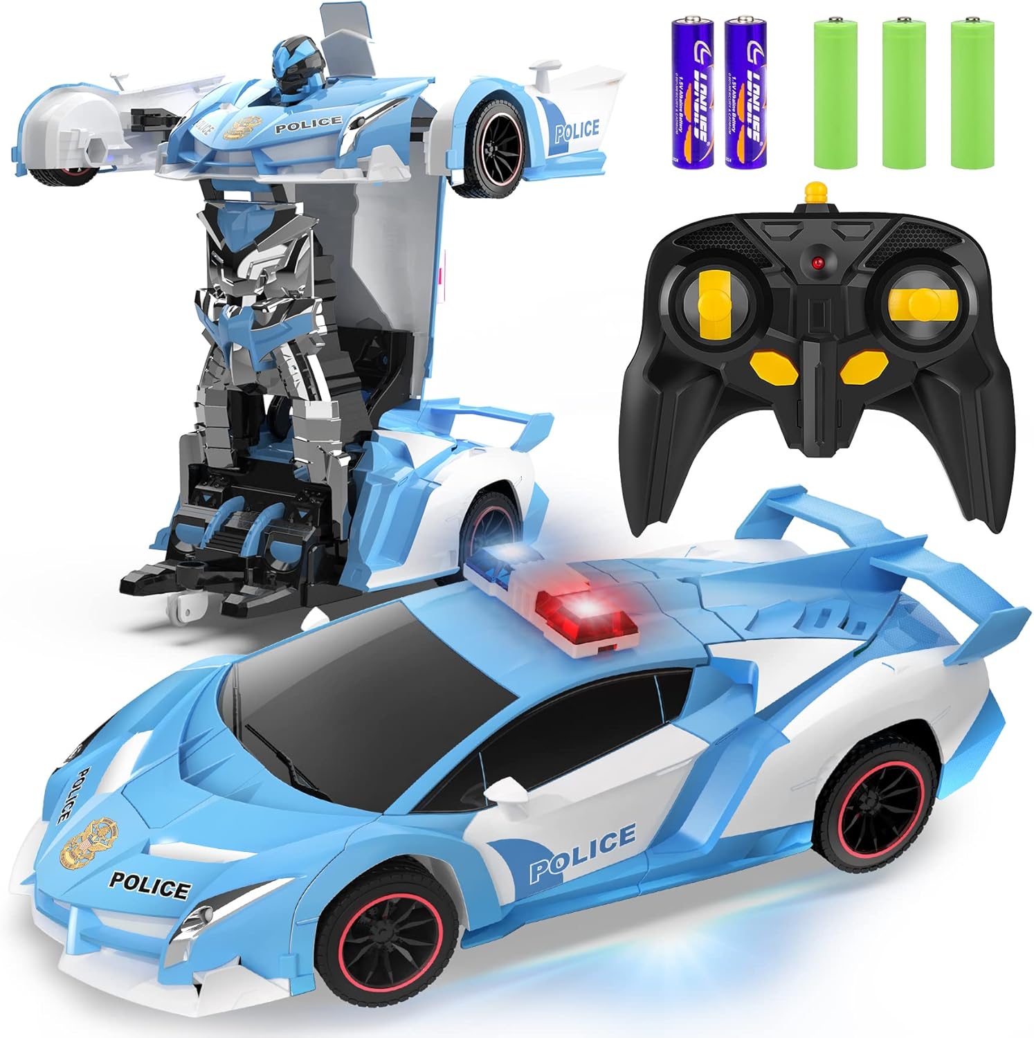 Voiture-robot transformable télécommandée | Voiture de police RC avec transformation à un bouton, lumière clignotante et rotation à 360° pour enfants King of Toys
