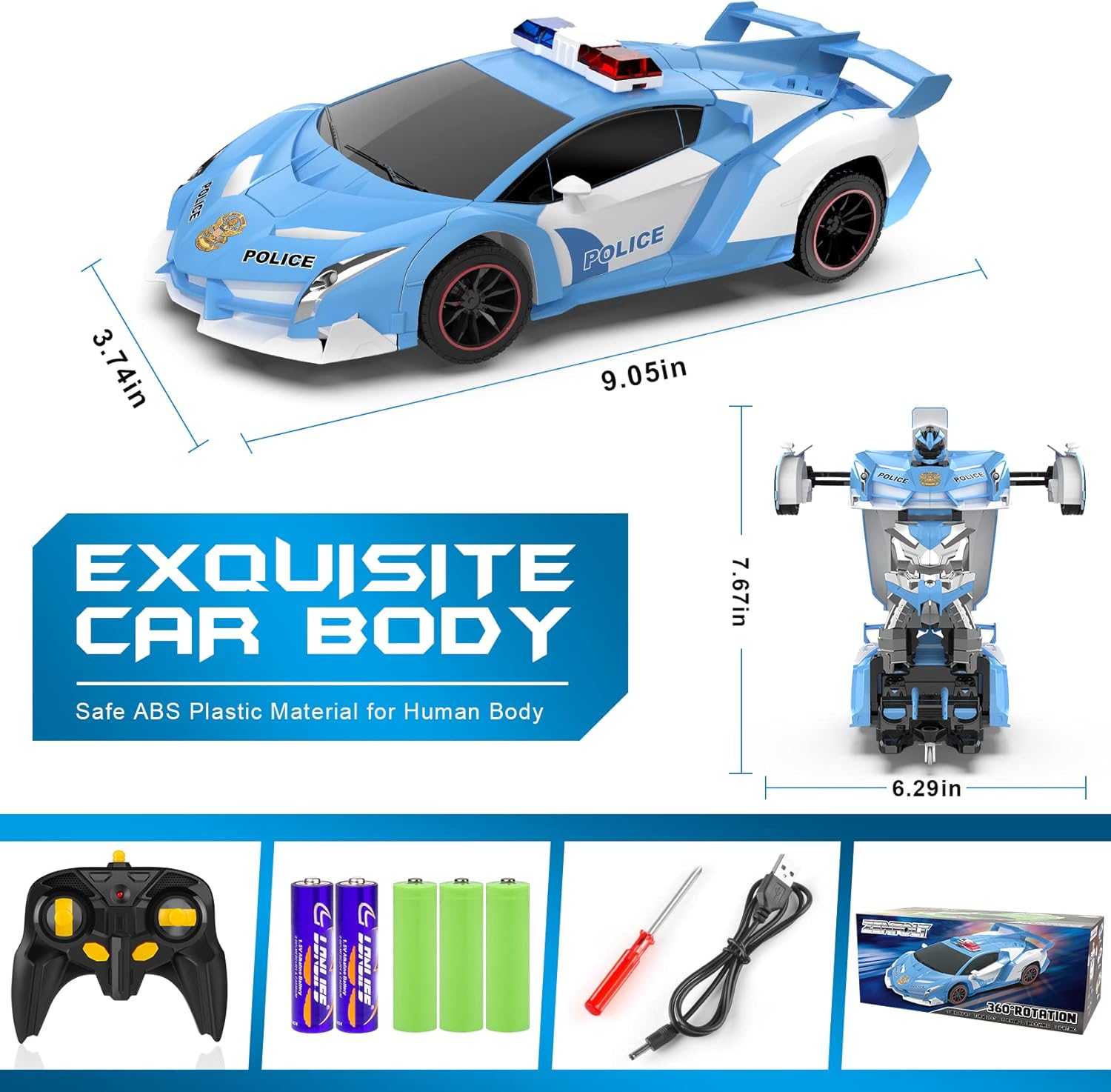 Voiture-robot transformable télécommandée | Voiture de police RC avec transformation à un bouton, lumière clignotante et rotation à 360° pour enfants King of Toys