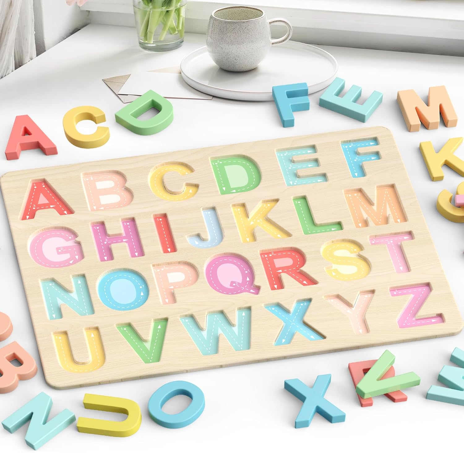 Puzzle Alphabet en Bois Montessori pour Enfants 3 Ans et Plus - Jeu Éducatif des Lettres Majuscules pour Tout-Petits Garçons et Filles - Cadeau Apprentissage Préscolaire