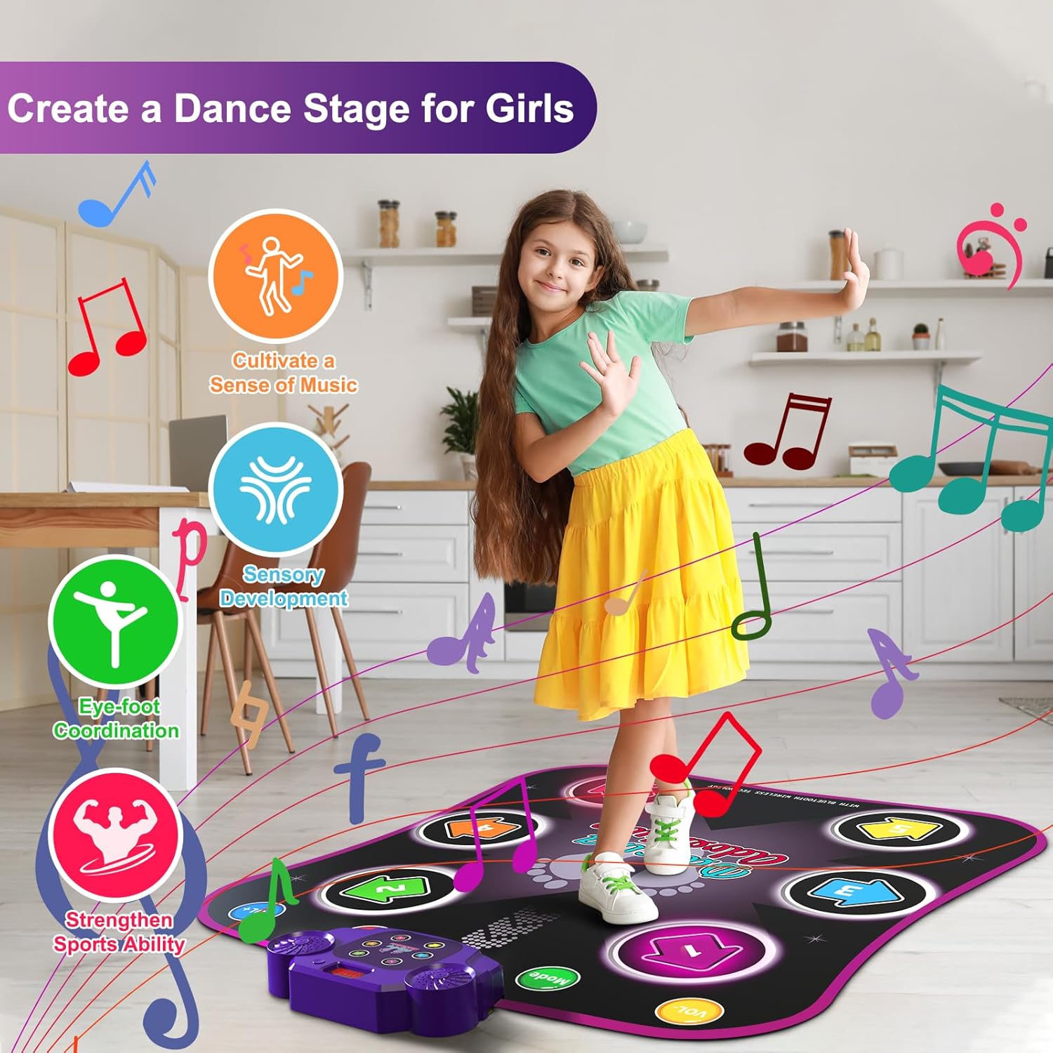 Tapis de Danse Électronique Bluetooth pour Enfants 3-12 Ans - Tapis de Jeu Musical Lumineux 6 Boutons avec 5 Modes - Cadeau Anniversaire Noël Fille