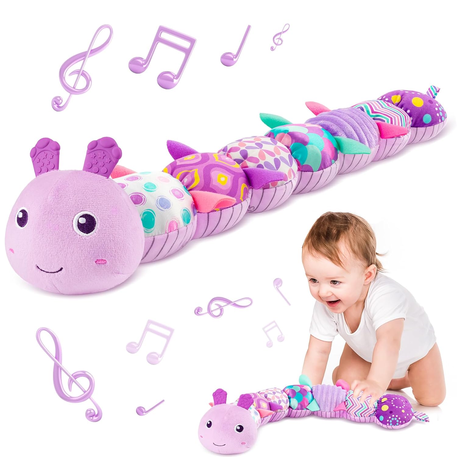 Chenille en Peluche Musicale pour Bébé | Jouet d'Activité Doux Multi-Sensoriel avec Bruit de Froissement, Hochet et Textures - Tapis d'Éveil 0-3-6-12 Mois King of Toys