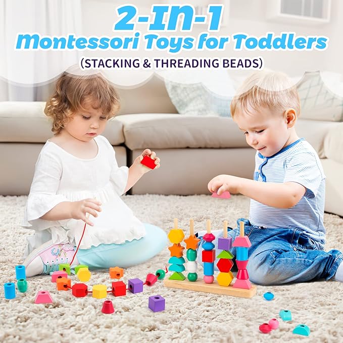 WoodGame l Perles en bois à empiler avec formes l Jeu de jouets Montessori De Speelgoed Koning