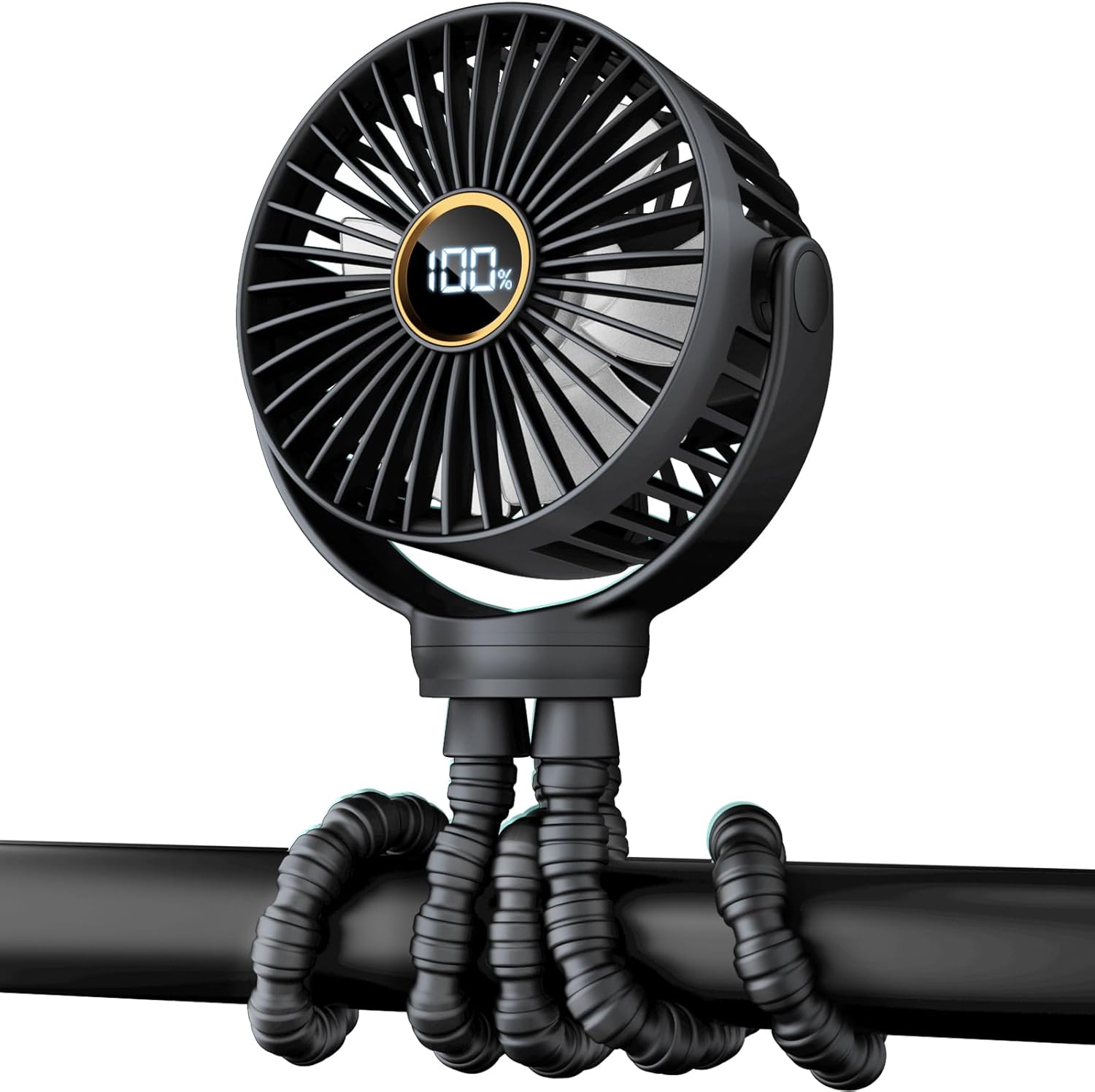 Ventilateur Portable Rechargeable pour Poussette et Voyage - Mini Ventilateur à Pince Flexible 360° avec Affichage Numérique - Essentiel Bébé Été