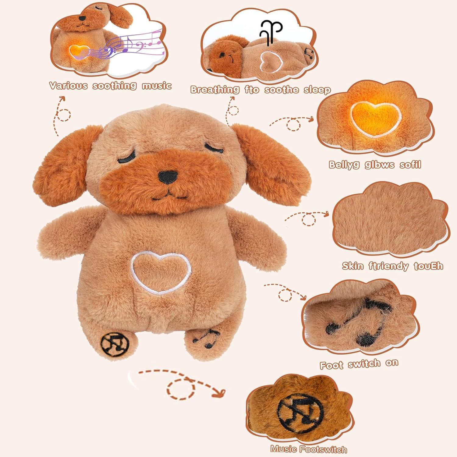Peluche Chien Respirant Apaisant | Animal en Peluche pour Anxiété | Mouvement Respiratoire Réaliste avec Lumières & Musique | Jouet Relaxation pour Enfants & Adultes King of Toys