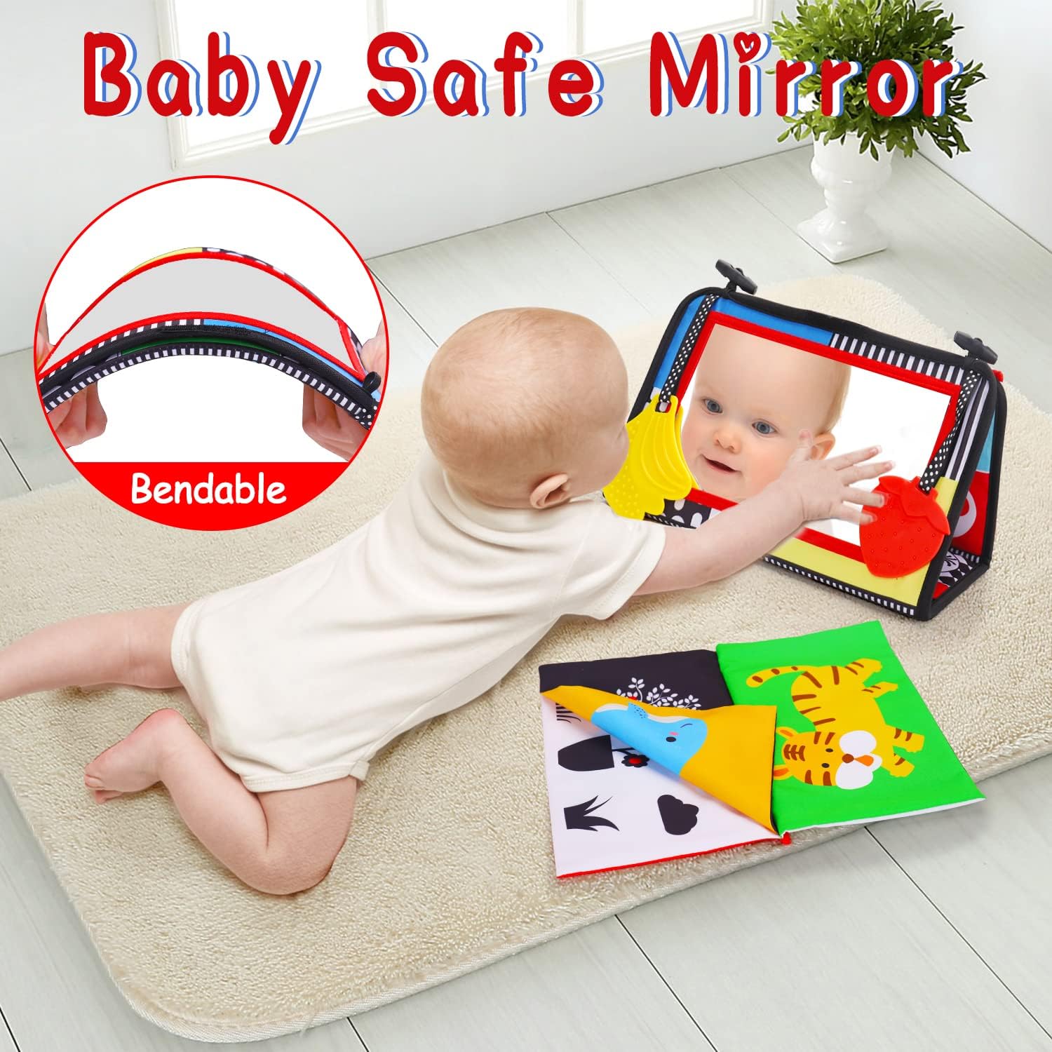 Miroir d'Éveil Sensoriel Tummy Time pour Bébé 0-6 Mois - Livre en Tissu Contraste Noir & Blanc avec Hochet et Jouet de Dentition - Stimule le Développement Cérébral