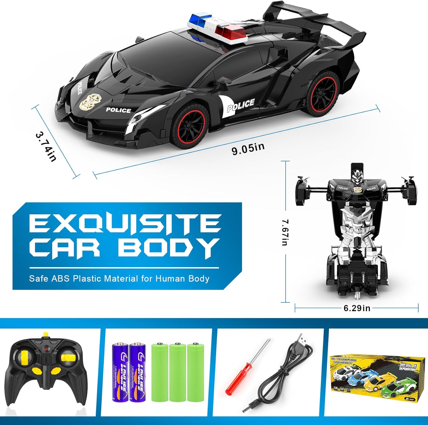 Voiture-robot transformable télécommandée | Voiture de police RC avec transformation à un bouton, lumière clignotante et rotation à 360° pour enfants King of Toys