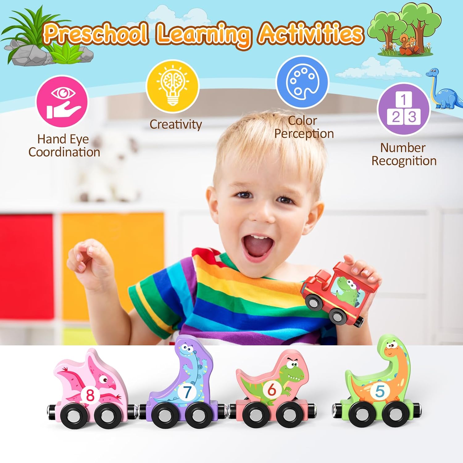 Ensemble de train en bois magnétique avec 11 animaux | Jouets Montessori pour activités d'apprentissage préscolaire des tout-petits King of Toys