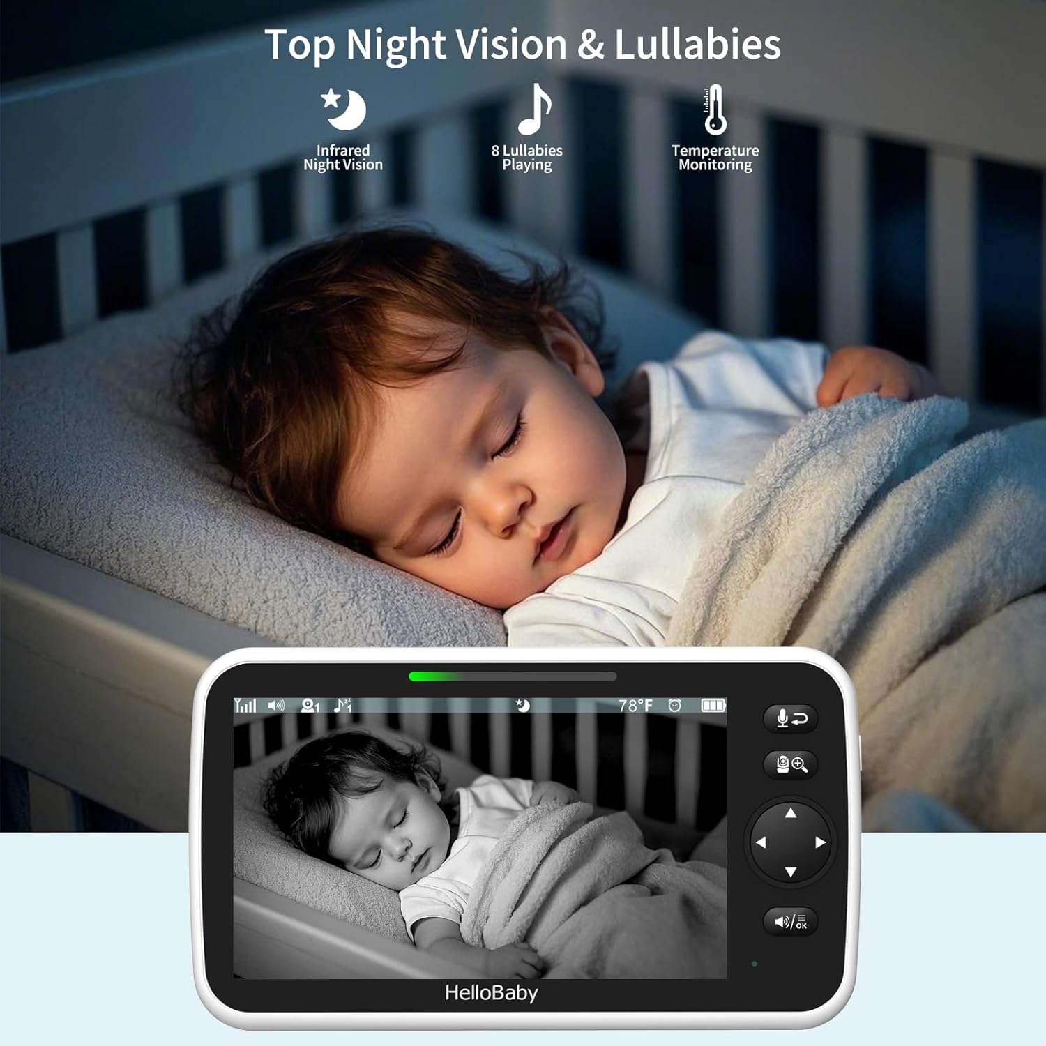 Moniteur Bébé Vidéo Sans WiFi 5 Pouces - Caméra Inclinable, Zoom et Vision Nocturne - Portée 300m et Longue Autonomie