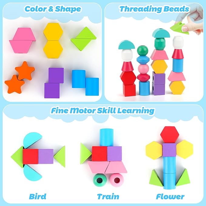 WoodGame l Perles en bois à empiler avec formes l Jeu de jouets Montessori De Speelgoed Koning