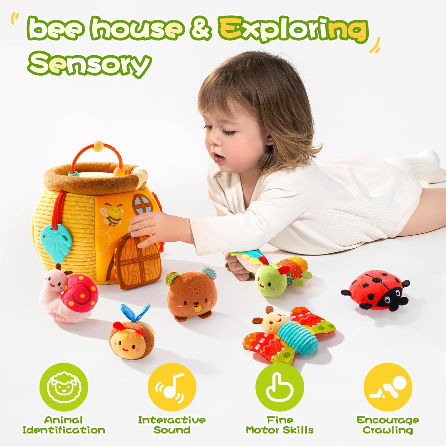 Jouet d'Éveil Sensoriel Ruche d'Abeille pour Bébé 0-12 Mois - Peluches Montessori Douces avec Hochet et Miroir pour Garçons et Filles - Cadeau de Naissance Idéal