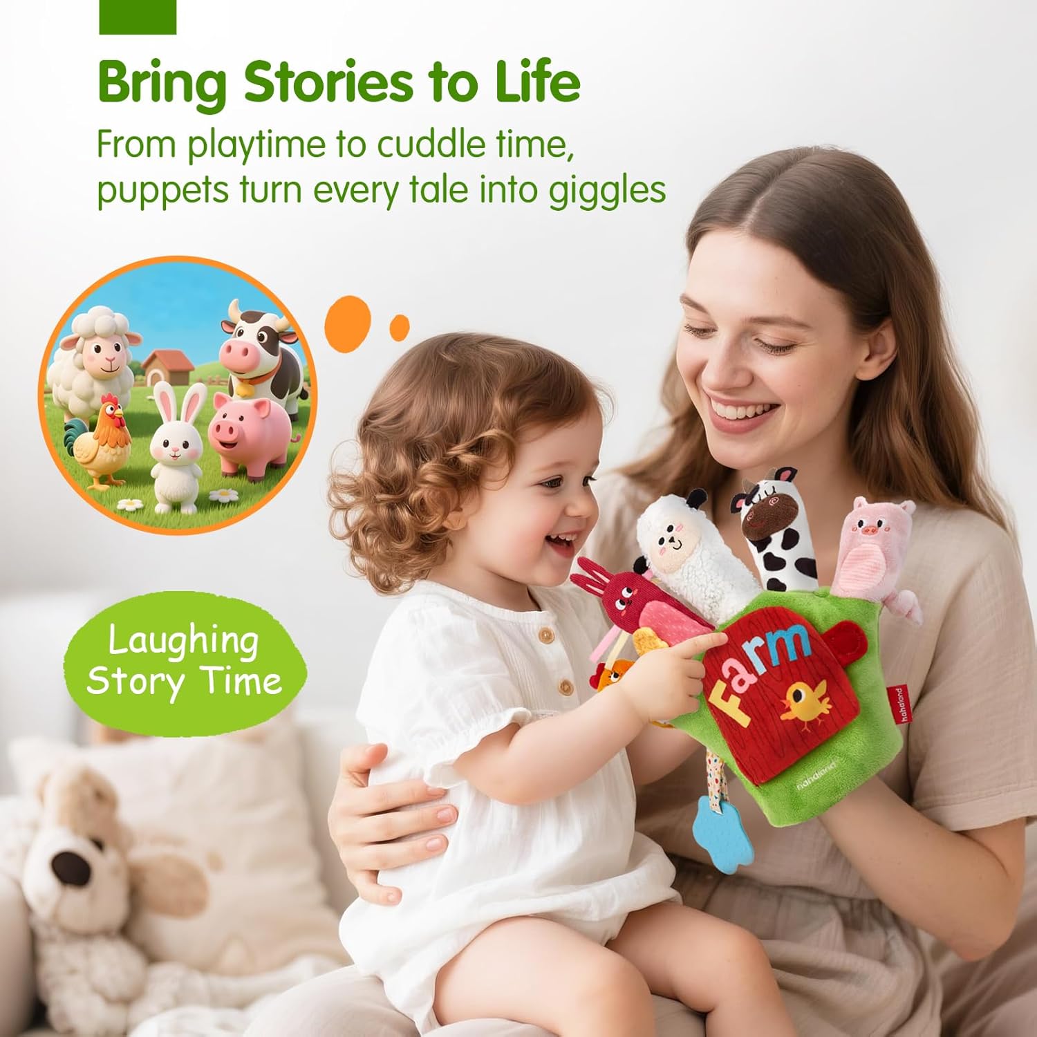 Gant Marionnette d'Éveil Sensoriel pour Bébé 6-12 Mois - Jouet Montessori Animaux de la Ferme avec Hochet, Anneau de Dentition et Miroir pour Garçons et Filles