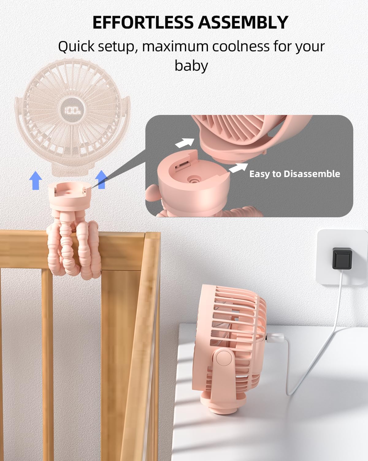 Ventilateur Portable Rechargeable pour Poussette et Voyage - Mini Ventilateur à Pince Flexible 360° avec Affichage Numérique - Essentiel Bébé Été