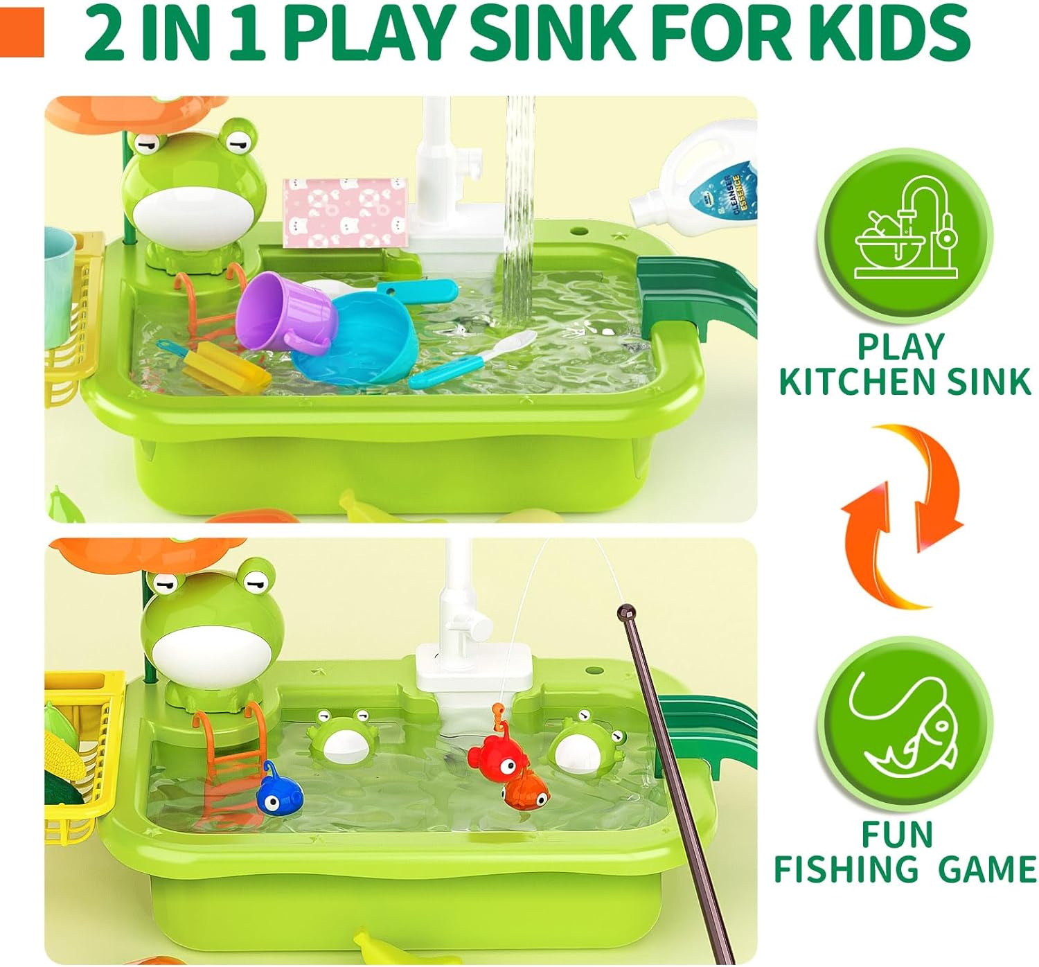 Évier de cuisine de jeu avec eau courante | Robinet électrique, jouets flottants et jeu de pêche | Jeu de rôle pour enfants 3+ King of Toys