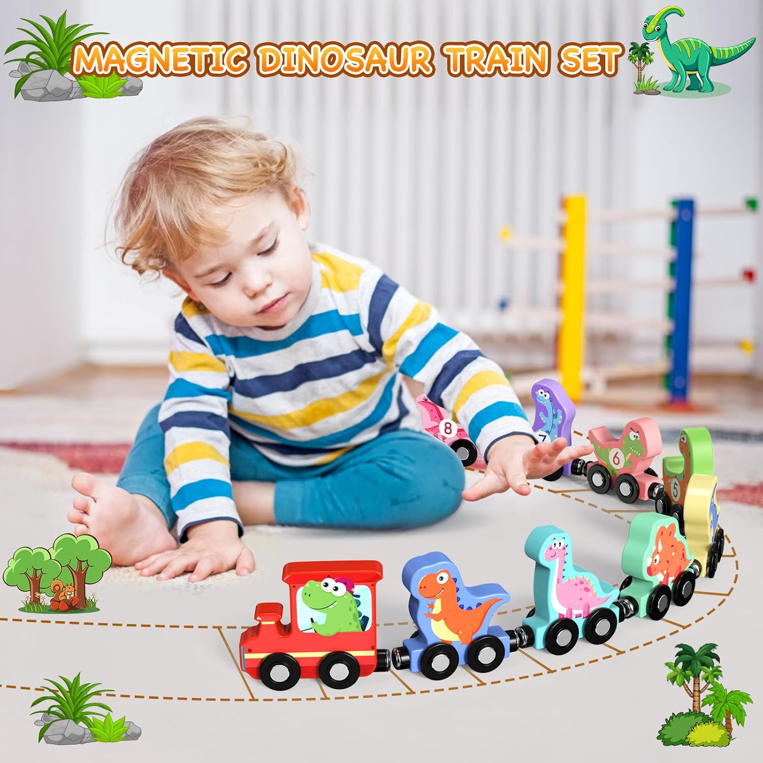Ensemble de train en bois magnétique avec 11 animaux | Jouets Montessori pour activités d'apprentissage préscolaire des tout-petits King of Toys
