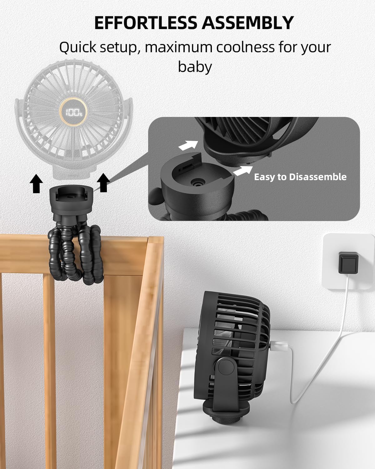 Ventilateur Portable Rechargeable pour Poussette et Voyage - Mini Ventilateur à Pince Flexible 360° avec Affichage Numérique - Essentiel Bébé Été