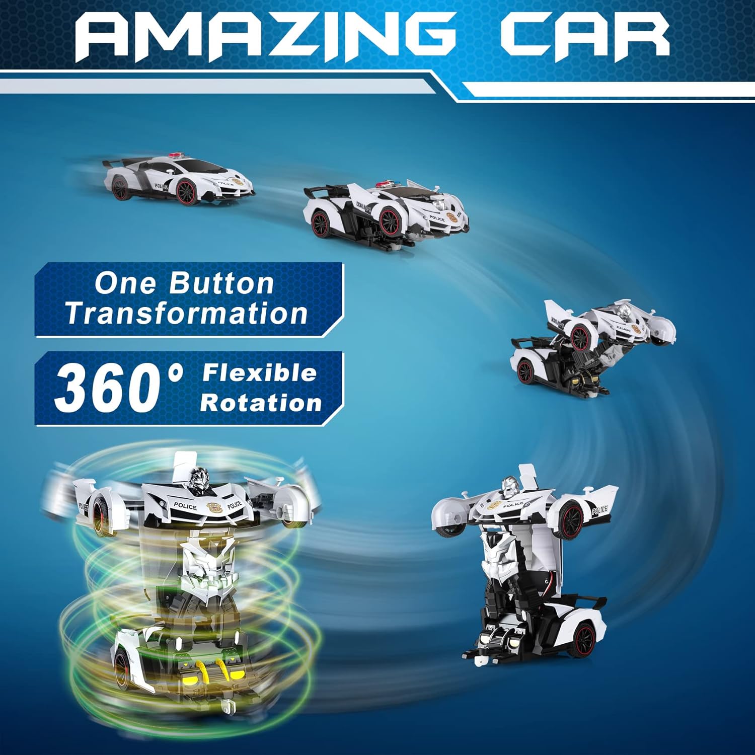 Voiture-robot transformable télécommandée | Voiture de police RC avec transformation à un bouton, lumière clignotante et rotation à 360° pour enfants King of Toys