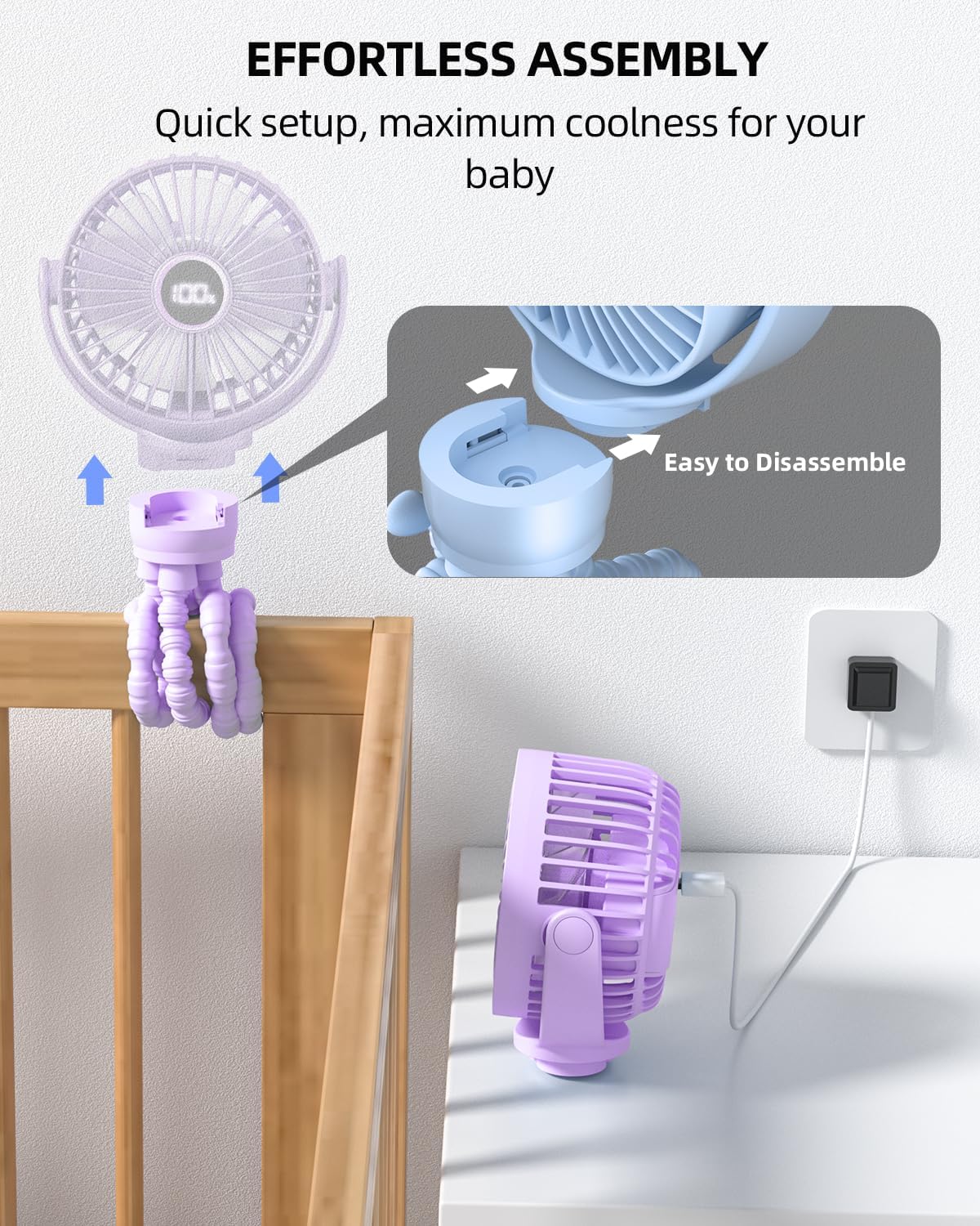 Ventilateur Portable Rechargeable pour Poussette et Voyage - Mini Ventilateur à Pince Flexible 360° avec Affichage Numérique - Essentiel Bébé Été