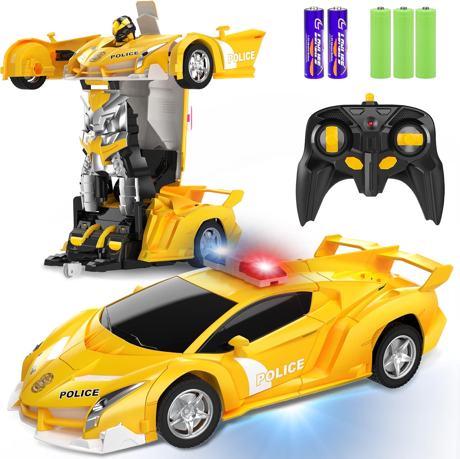 Voiture-robot transformable télécommandée | Voiture de police RC avec transformation à un bouton, lumière clignotante et rotation à 360° pour enfants King of Toys