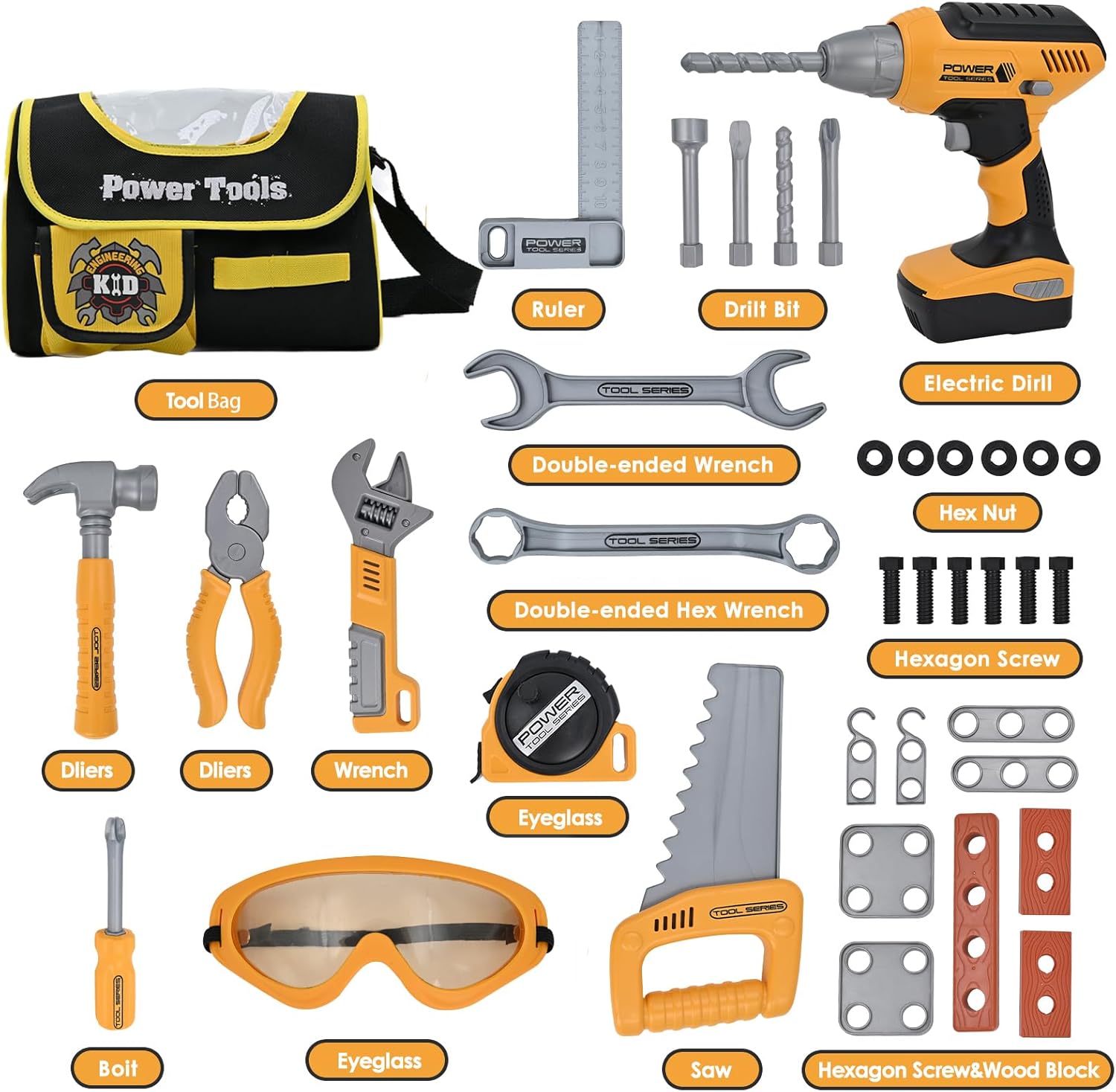 Ensemble d'Outils pour Enfants Garçons | Kit d'Outils pour Tout-Petits avec Sac à Outils et Perceuse Électronique Jouet | Jeux d'Imitation de Construction pour Enfants | Jouets pour Garçons de 3, 4, 5 Ans King of Toys