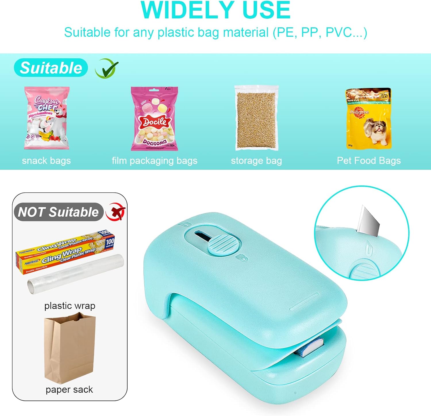 Scelleuse de Sachets l Scelleuse Thermique avec Coupeur & Aimant l Mini Machine à Sceller Portable (2 Piles AA Incluses) King of Toys