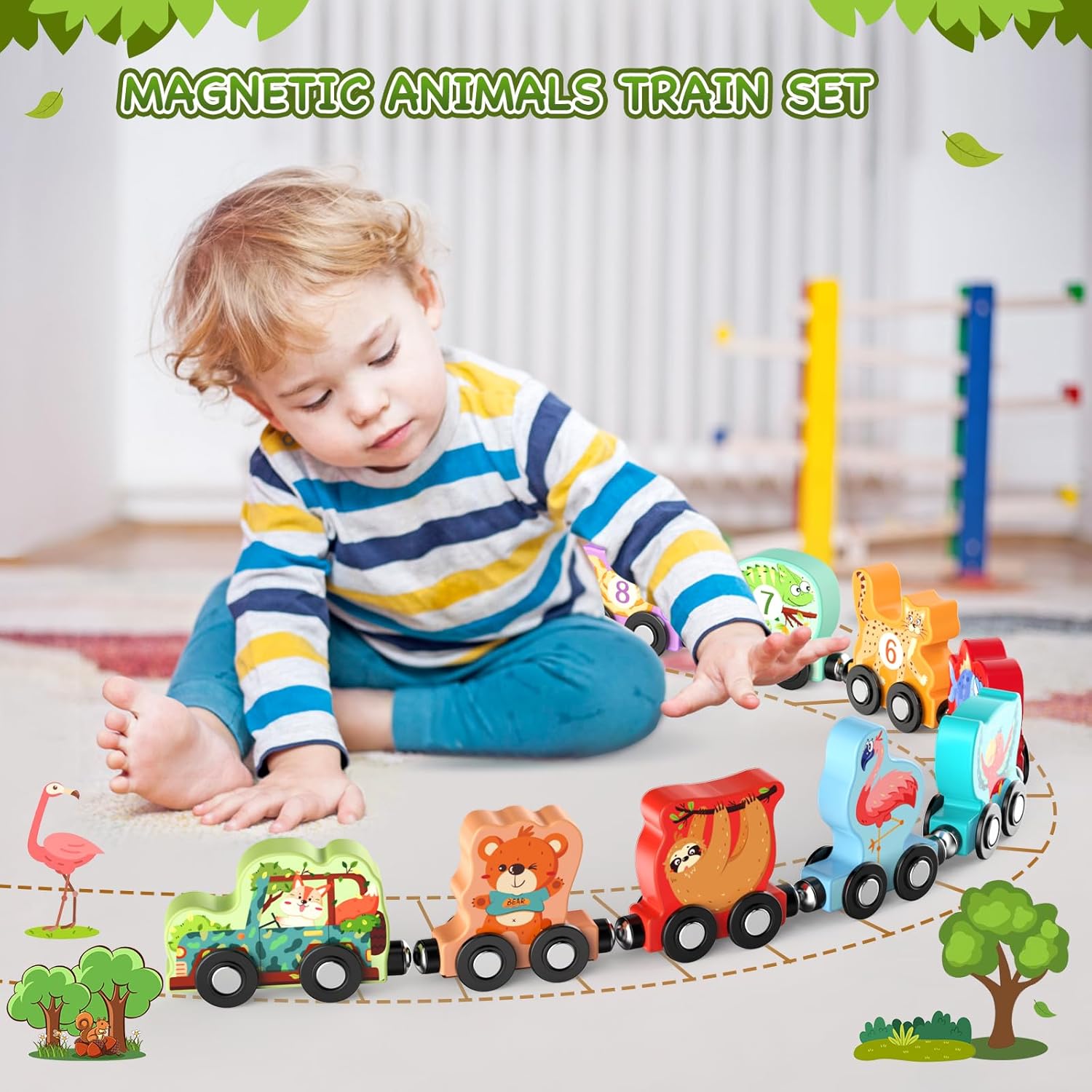 Ensemble de train en bois magnétique avec 11 animaux | Jouets Montessori pour activités d'apprentissage préscolaire des tout-petits King of Toys