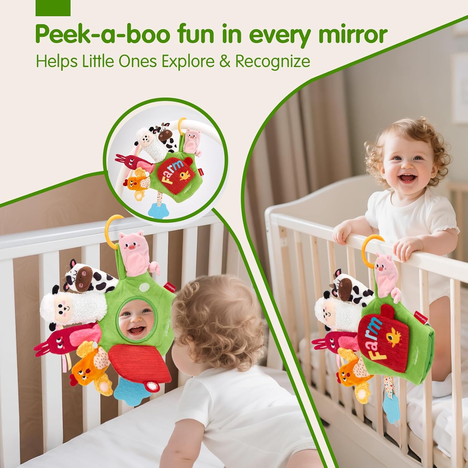 Gant Marionnette d'Éveil Sensoriel pour Bébé 6-12 Mois - Jouet Montessori Animaux de la Ferme avec Hochet, Anneau de Dentition et Miroir pour Garçons et Filles