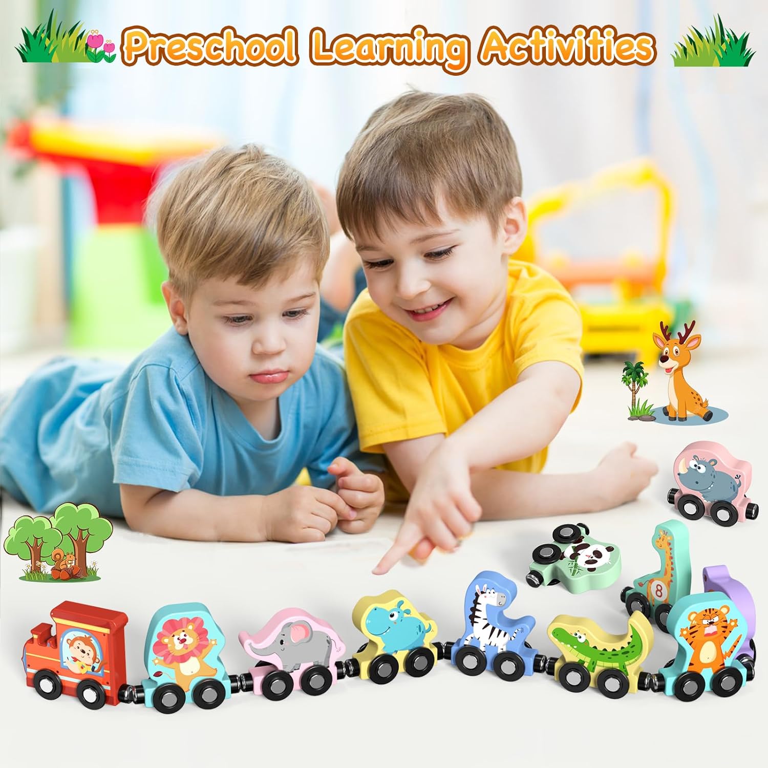 Ensemble de train en bois magnétique avec 11 animaux | Jouets Montessori pour activités d'apprentissage préscolaire des tout-petits King of Toys