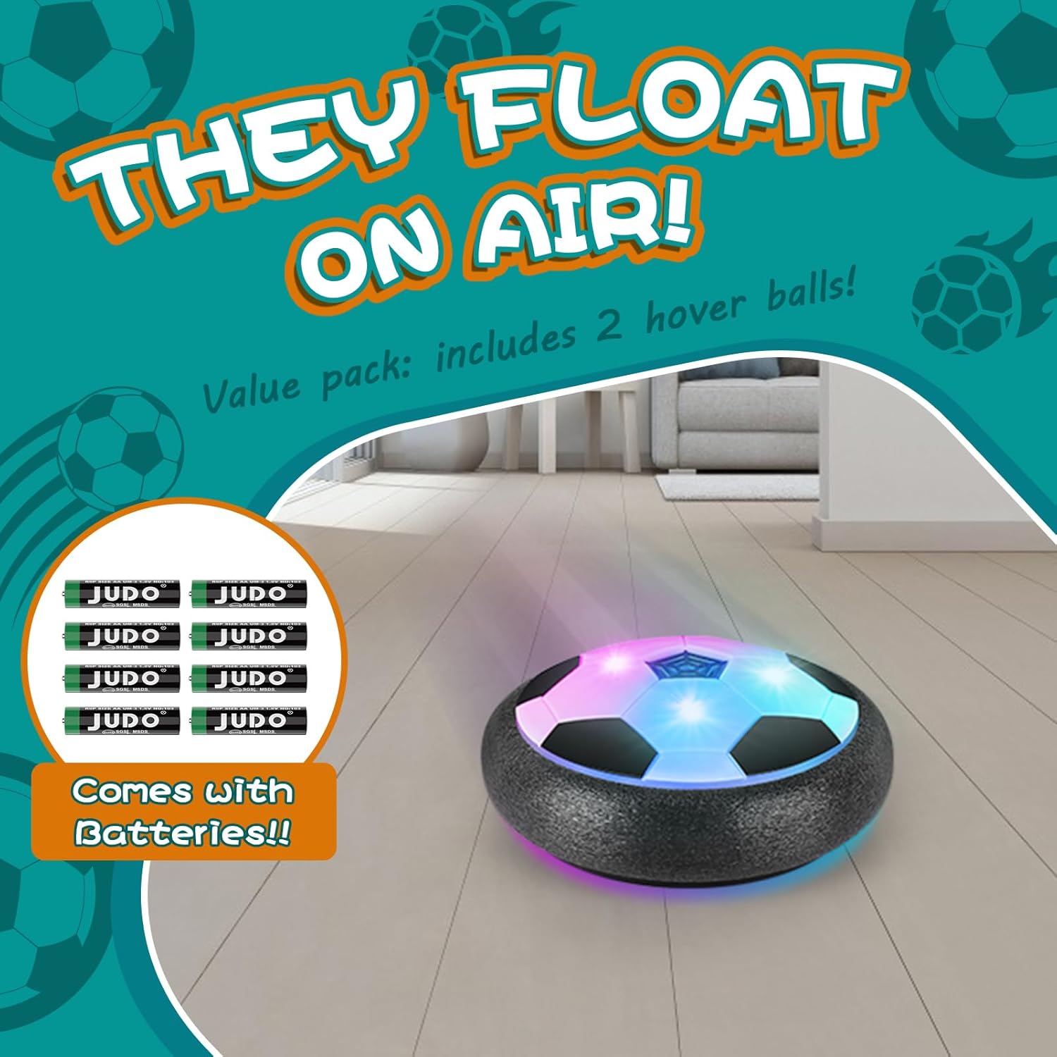 Lot de 2 Balles de Foot Aériennes | Jouet de Football Flottant avec LED et Pare-chocs en Mousse pour Jeux d’Intérieur pour Enfants de 4 à 12 Ans King of Toys