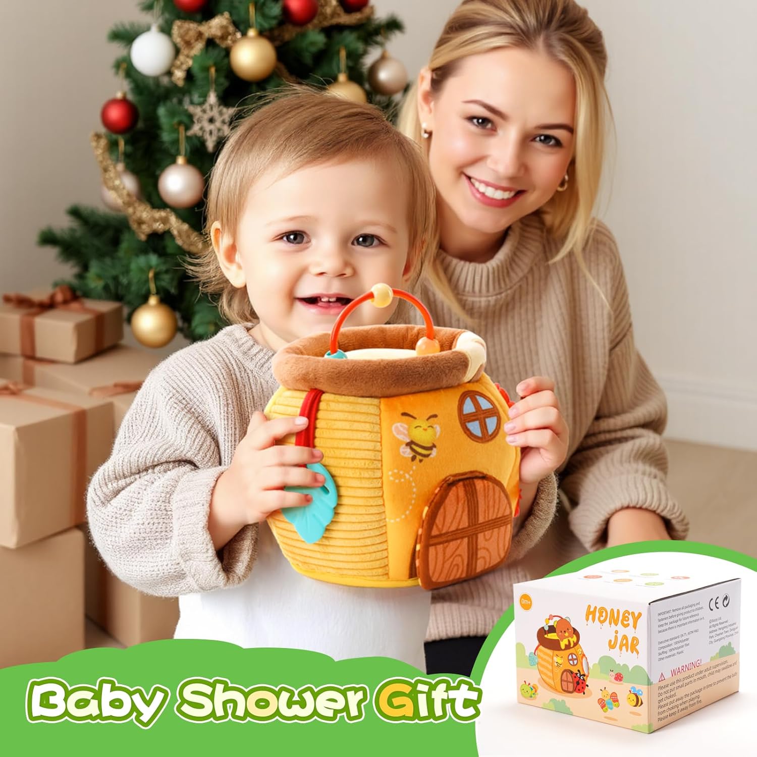 Jouet d'Éveil Sensoriel Ruche d'Abeille pour Bébé 0-12 Mois - Peluches Montessori Douces avec Hochet et Miroir pour Garçons et Filles - Cadeau de Naissance Idéal