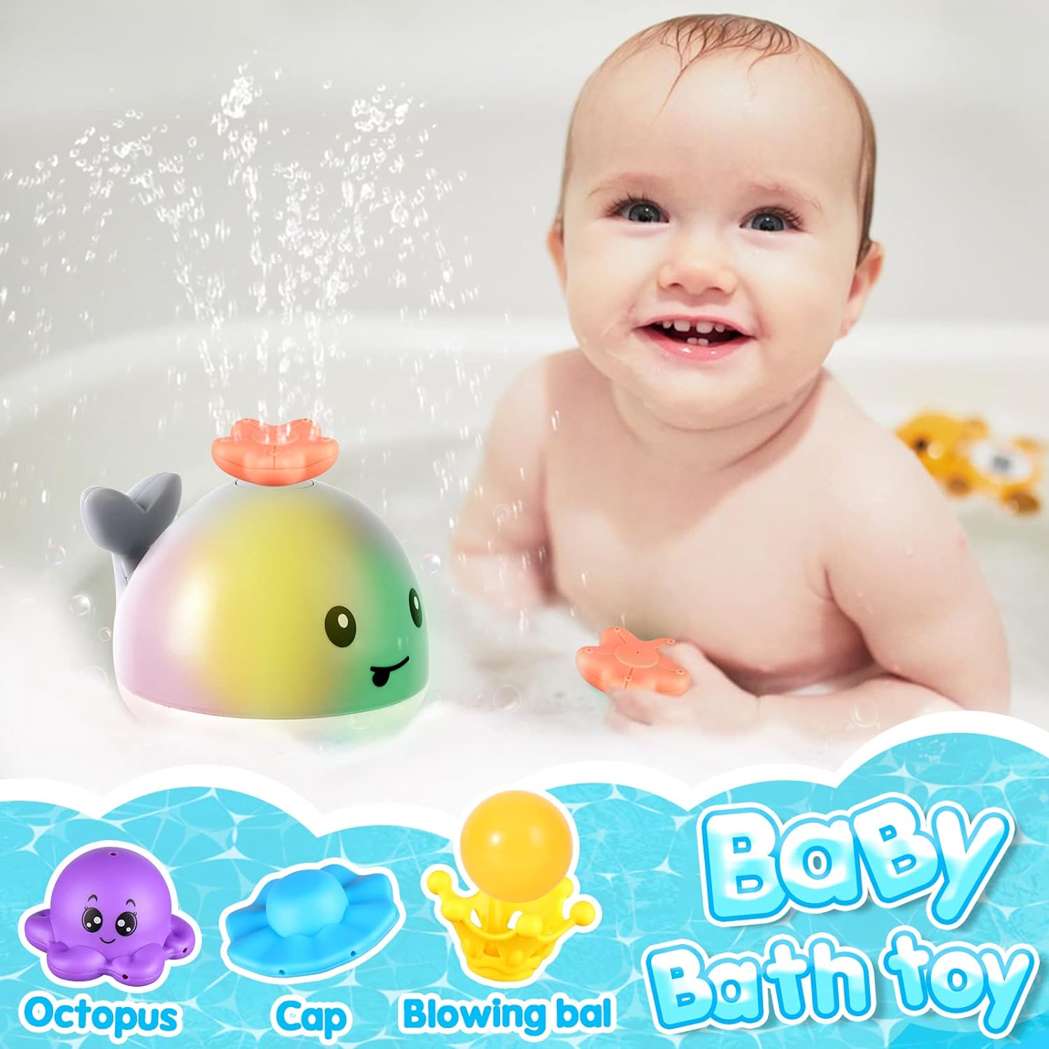 Jouet de bain Baleine avec fontaine + 4 positions l Jouets de bain 6, 12, 18 mois De Speelgoed Koning