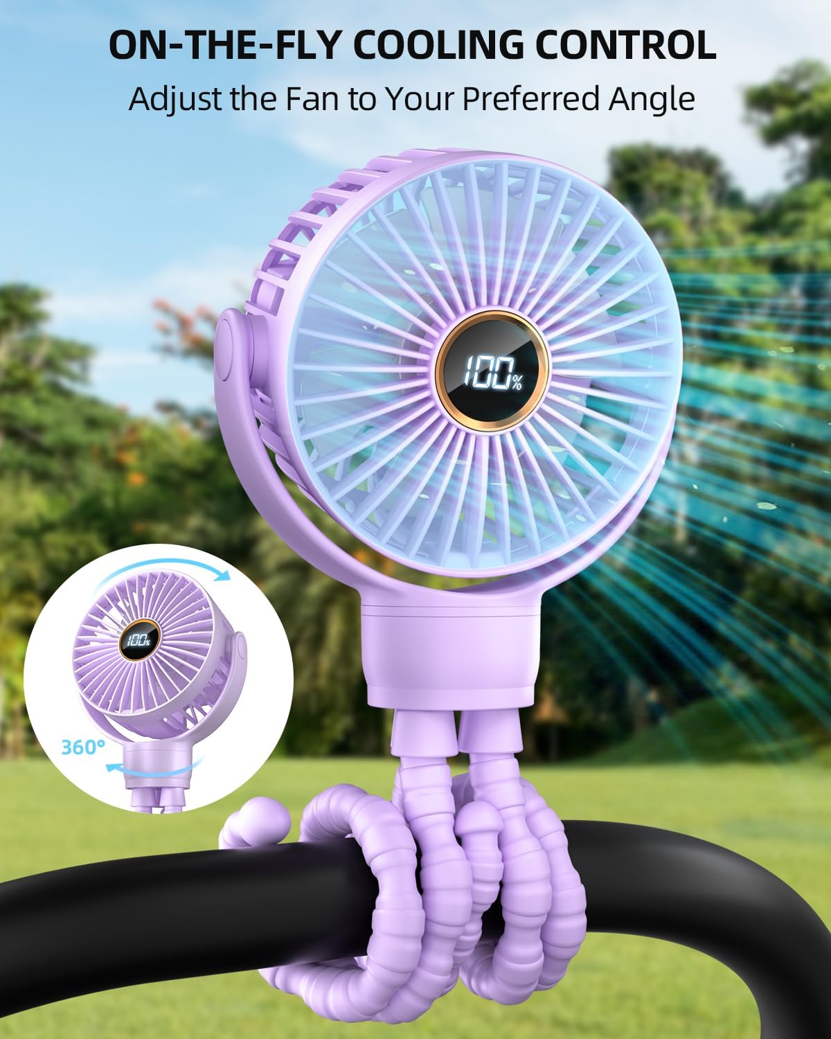 Ventilateur Portable Rechargeable pour Poussette et Voyage - Mini Ventilateur à Pince Flexible 360° avec Affichage Numérique - Essentiel Bébé Été