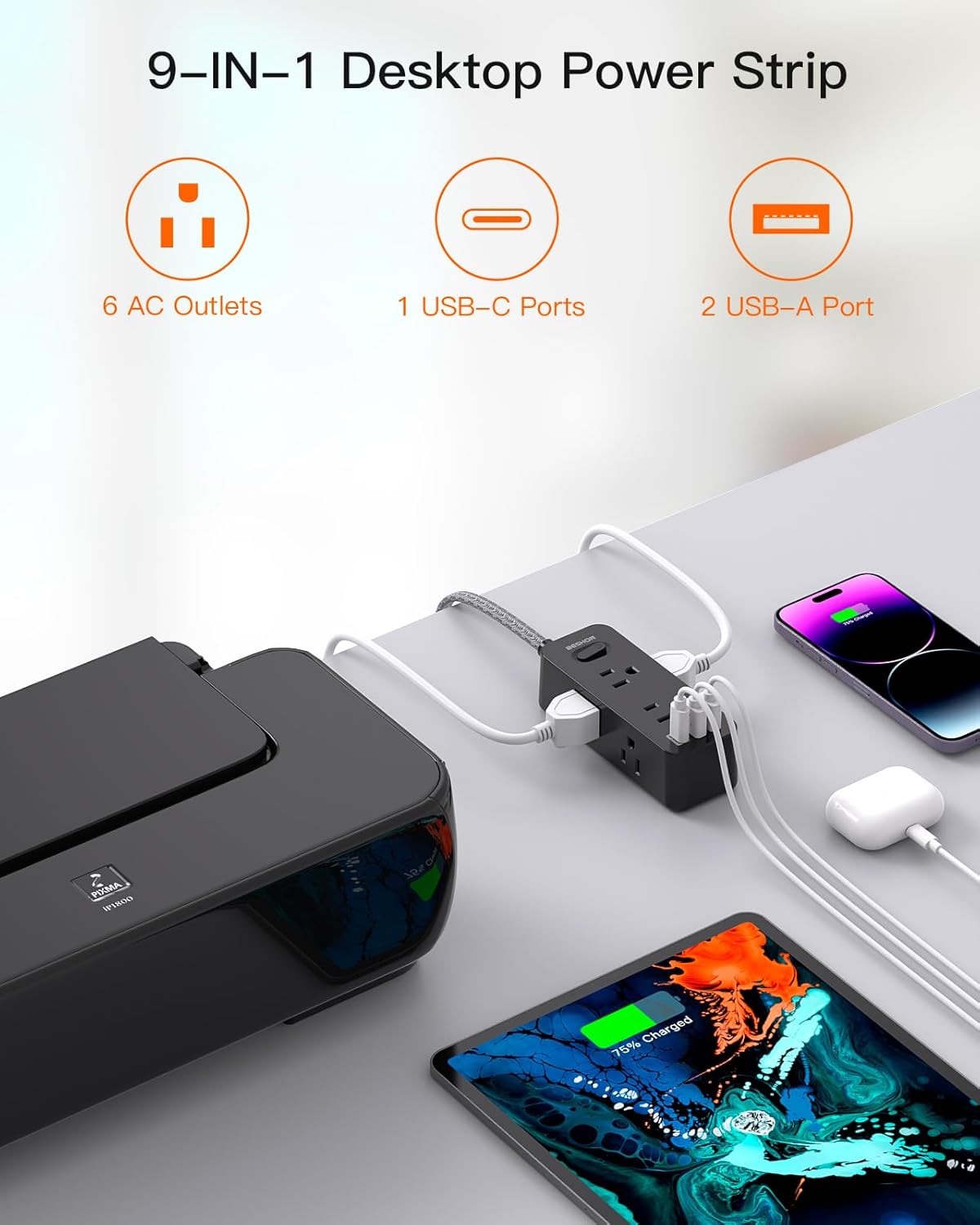 Multiprise avec Protection Contre les Surtensions à 6 Prises | Cordon d'Alimentation 1,5 m avec 3 Ports USB, Extendeur de Prise Murale King of Toys