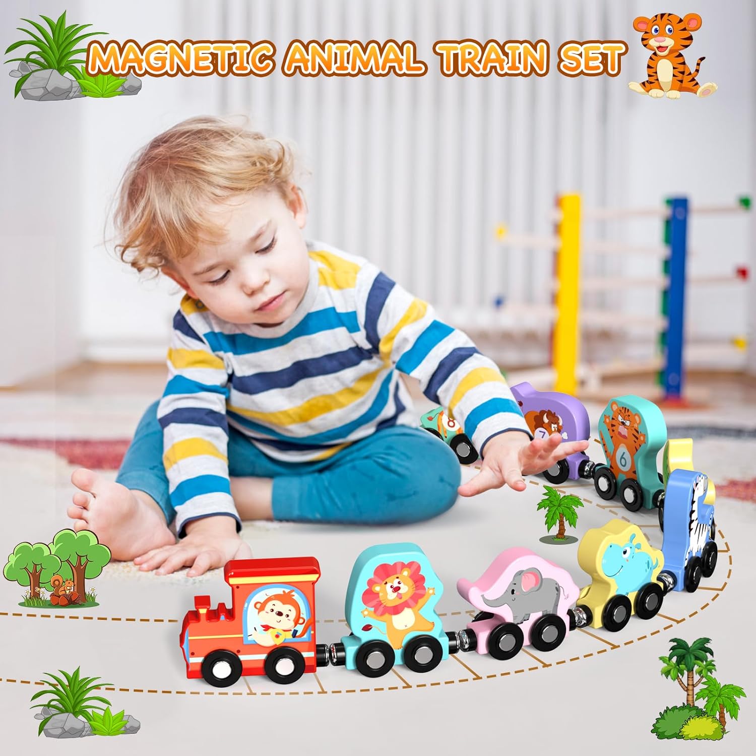 Ensemble de train en bois magnétique avec 11 animaux | Jouets Montessori pour activités d'apprentissage préscolaire des tout-petits King of Toys