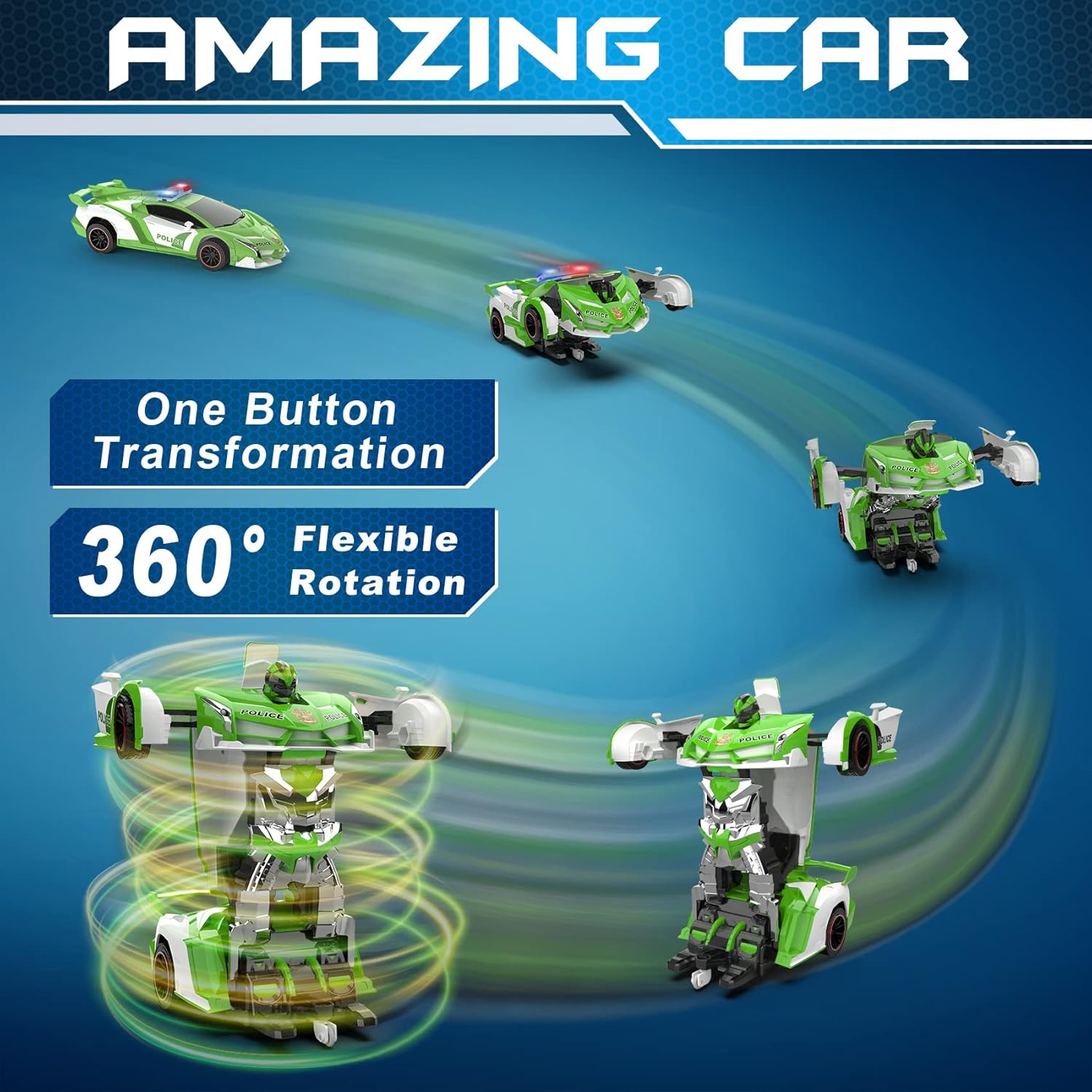 Voiture-robot transformable télécommandée | Voiture de police RC avec transformation à un bouton, lumière clignotante et rotation à 360° pour enfants King of Toys
