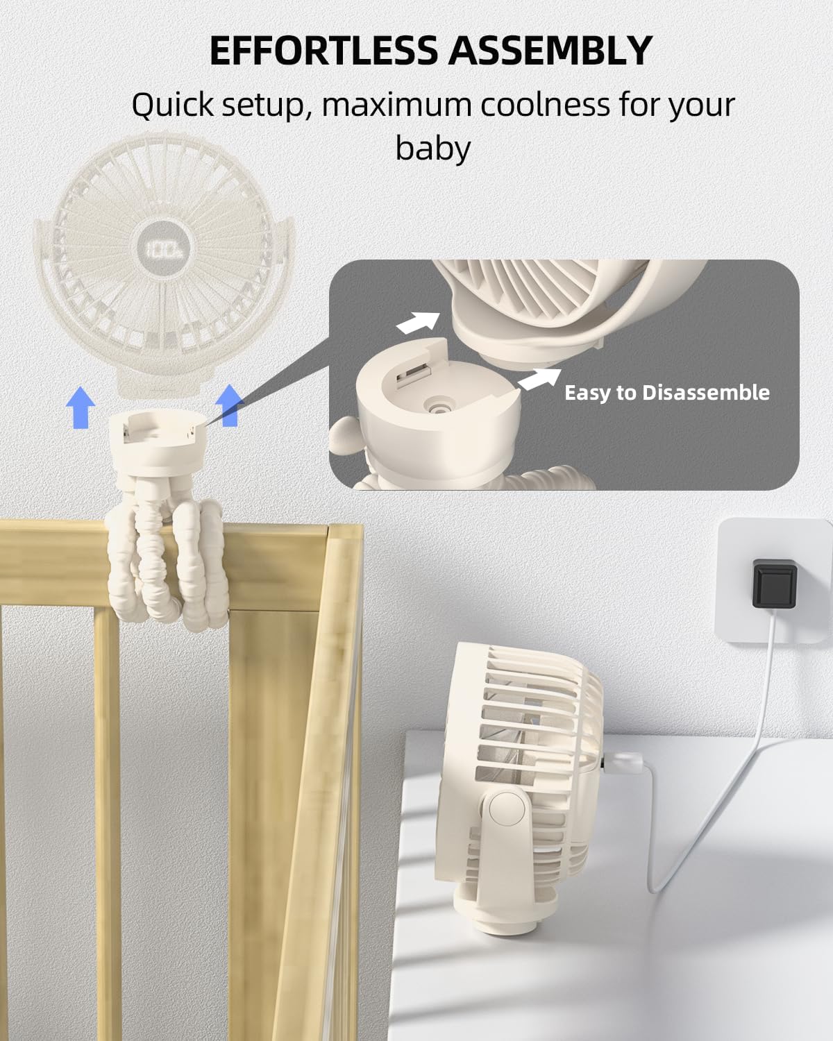 Ventilateur Portable Rechargeable pour Poussette et Voyage - Mini Ventilateur à Pince Flexible 360° avec Affichage Numérique - Essentiel Bébé Été