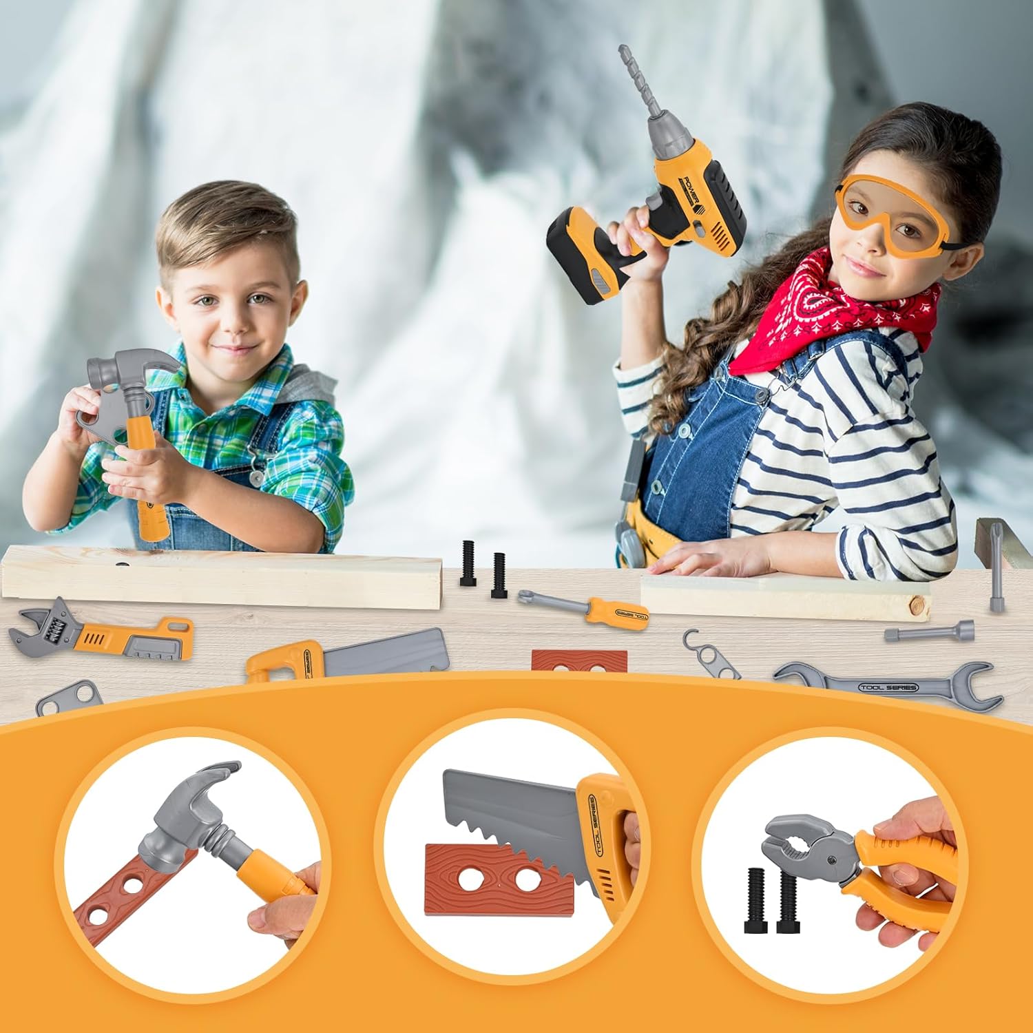 Ensemble d'Outils pour Enfants Garçons | Kit d'Outils pour Tout-Petits avec Sac à Outils et Perceuse Électronique Jouet | Jeux d'Imitation de Construction pour Enfants | Jouets pour Garçons de 3, 4, 5 Ans King of Toys