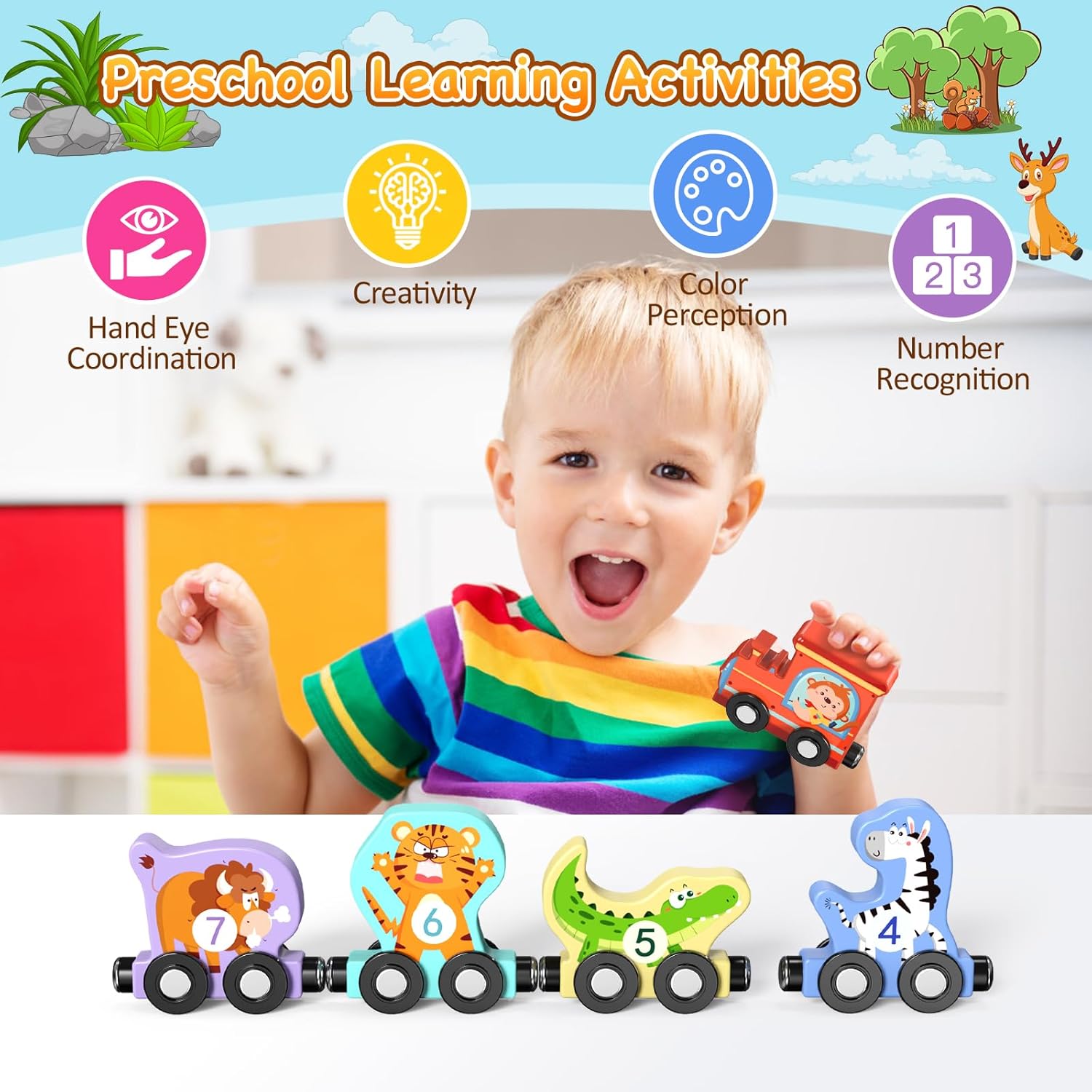 Ensemble de train en bois magnétique avec 11 animaux | Jouets Montessori pour activités d'apprentissage préscolaire des tout-petits King of Toys