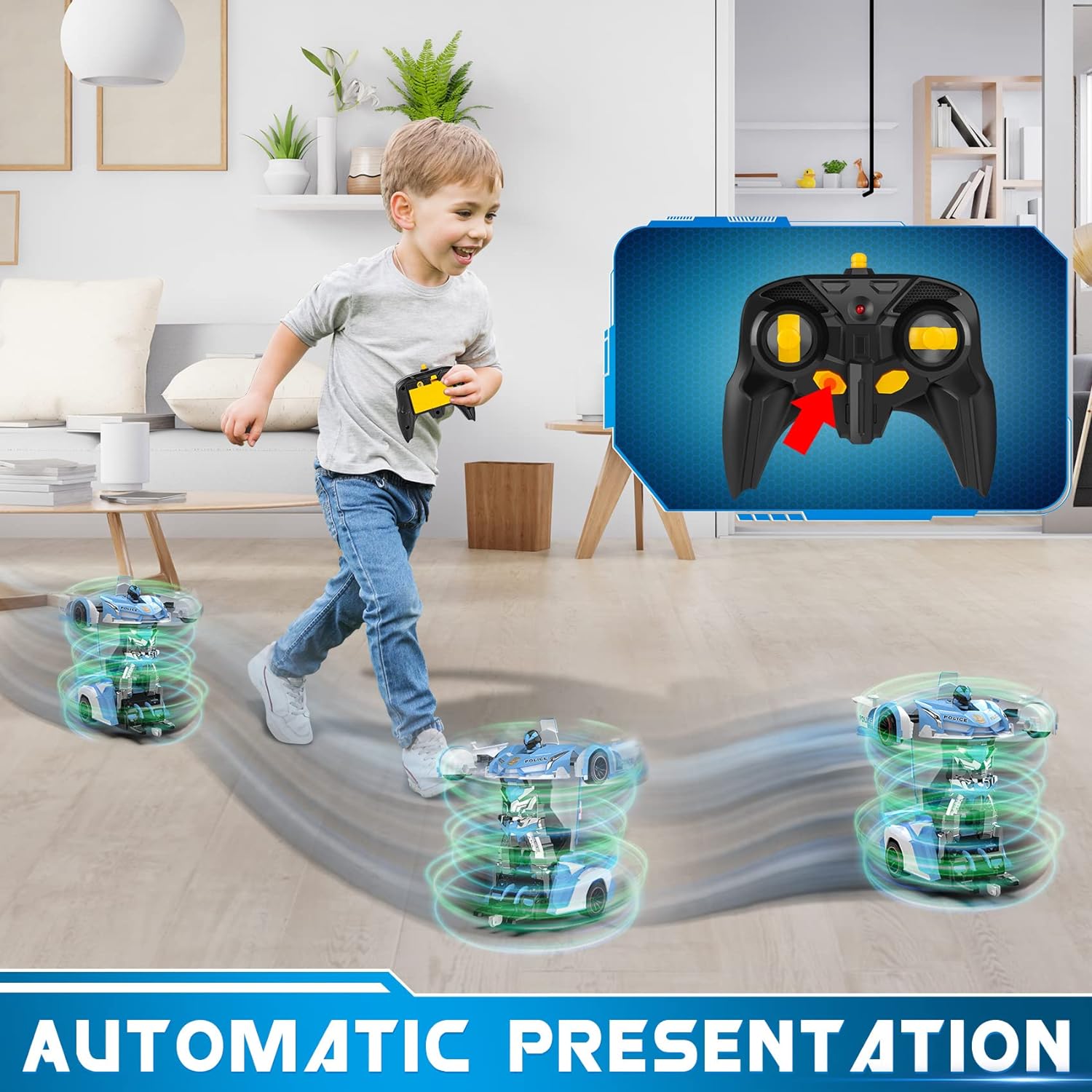Voiture-robot transformable télécommandée | Voiture de police RC avec transformation à un bouton, lumière clignotante et rotation à 360° pour enfants King of Toys