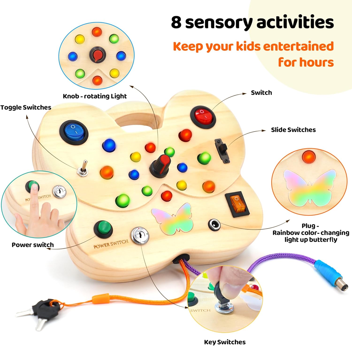 Tableau d'Activités Éléphant pour Tout-Petits | Jouet Sensoriel Montessori avec Interrupteur Lumineux en Bois King of Toys