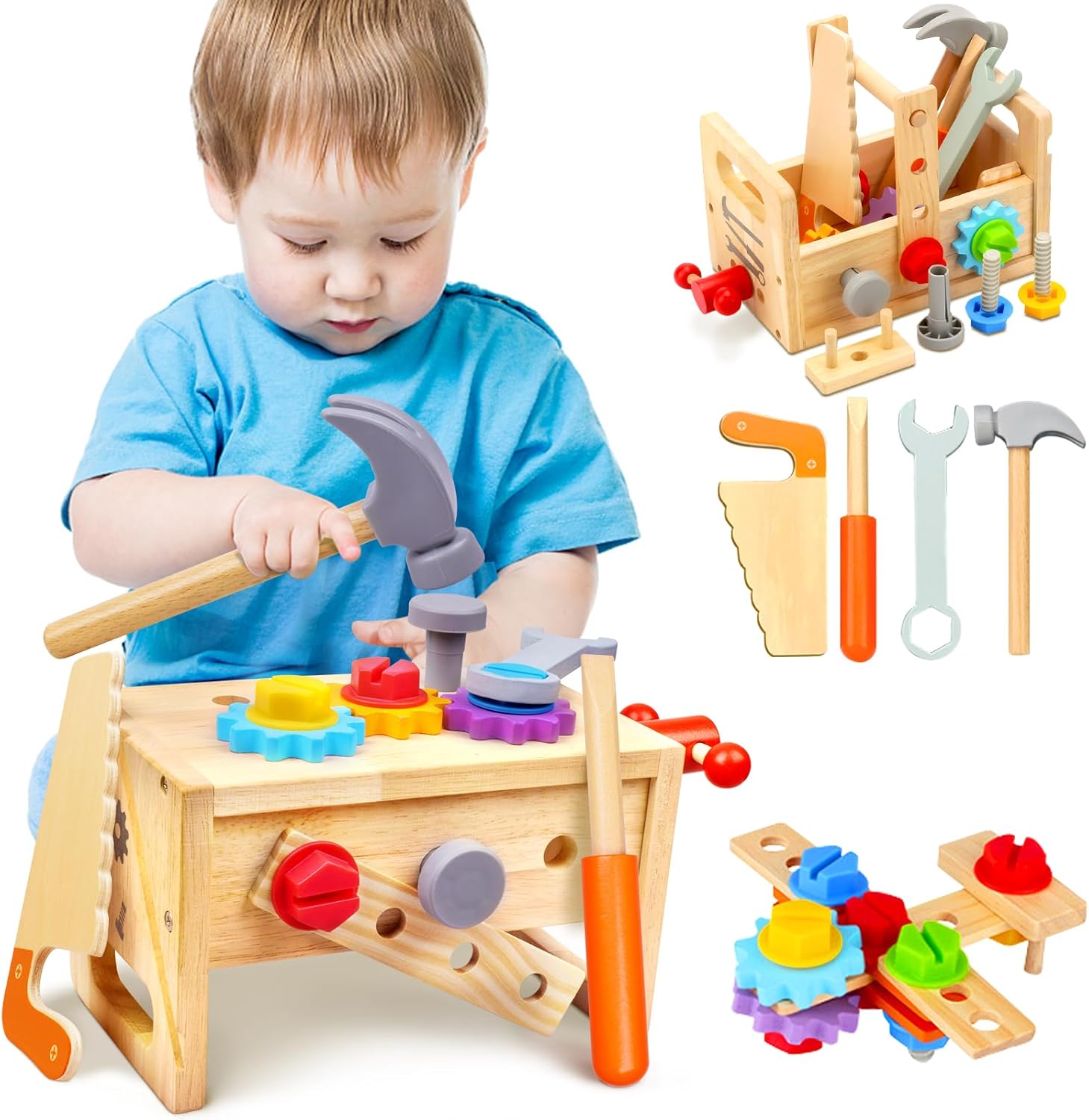 Coffret Outils en Bois de 29 Pièces | Jouet Éducatif STEM Montessori pour Jeu de Construction Imaginatif pour les 2 à 6 Ans