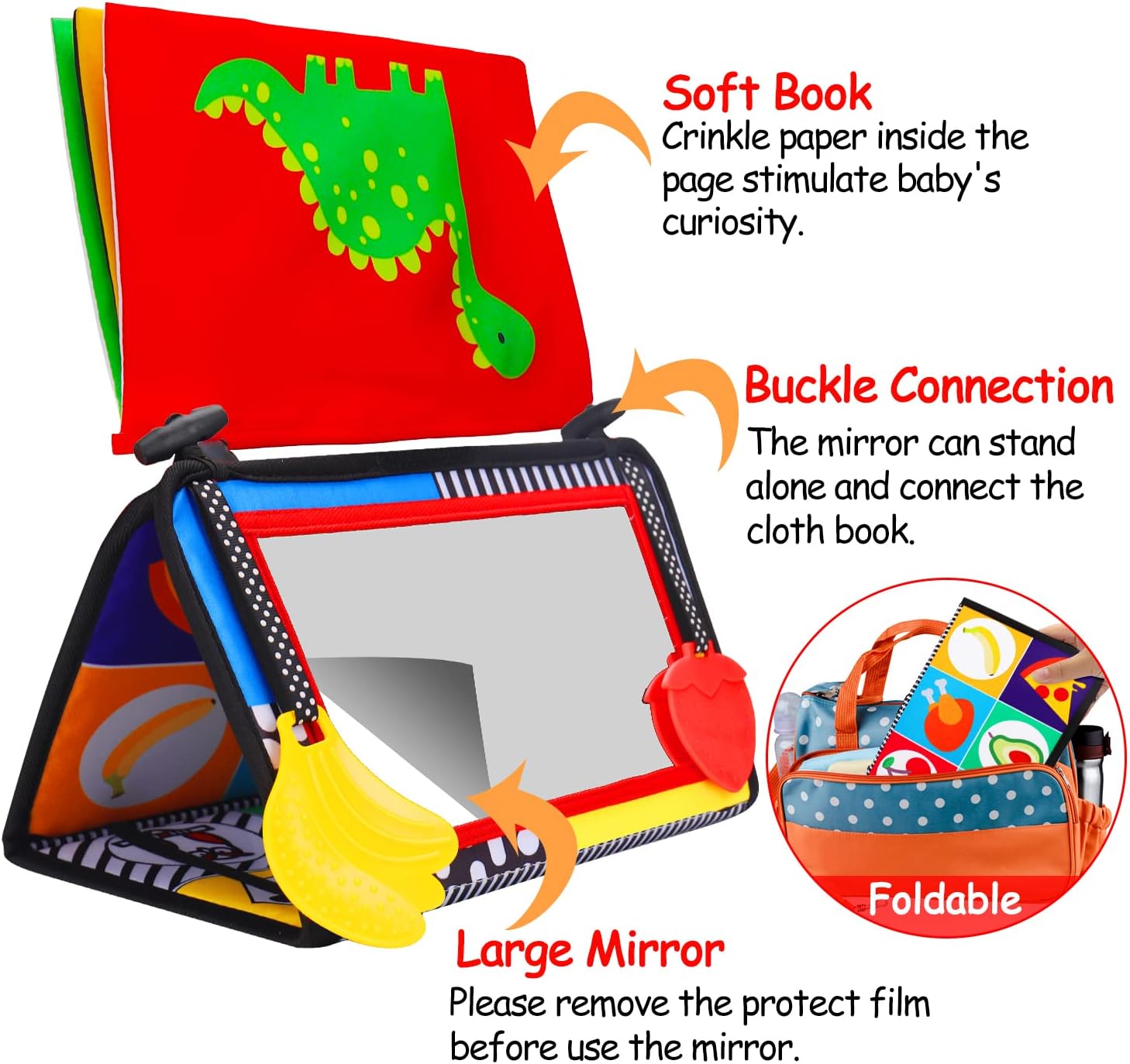 Miroir d'Éveil Sensoriel Tummy Time pour Bébé 0-6 Mois - Livre en Tissu Contraste Noir & Blanc avec Hochet et Jouet de Dentition - Stimule le Développement Cérébral