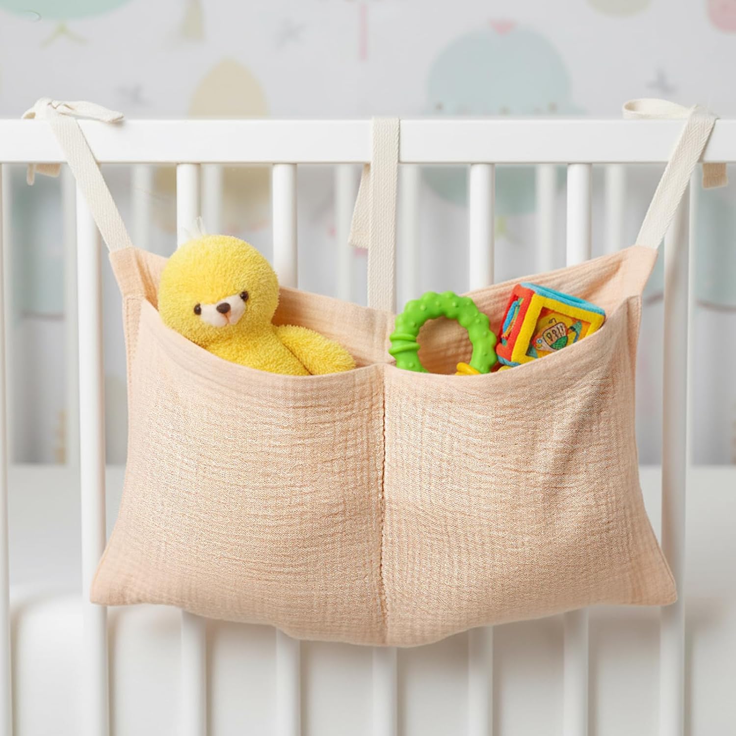 Sac de Rangement Suspendu pour Lit Bébé | Organisateur de Couches en Coton avec 2 Poches – Rangement pour Biberons, Jouets et Vêtements