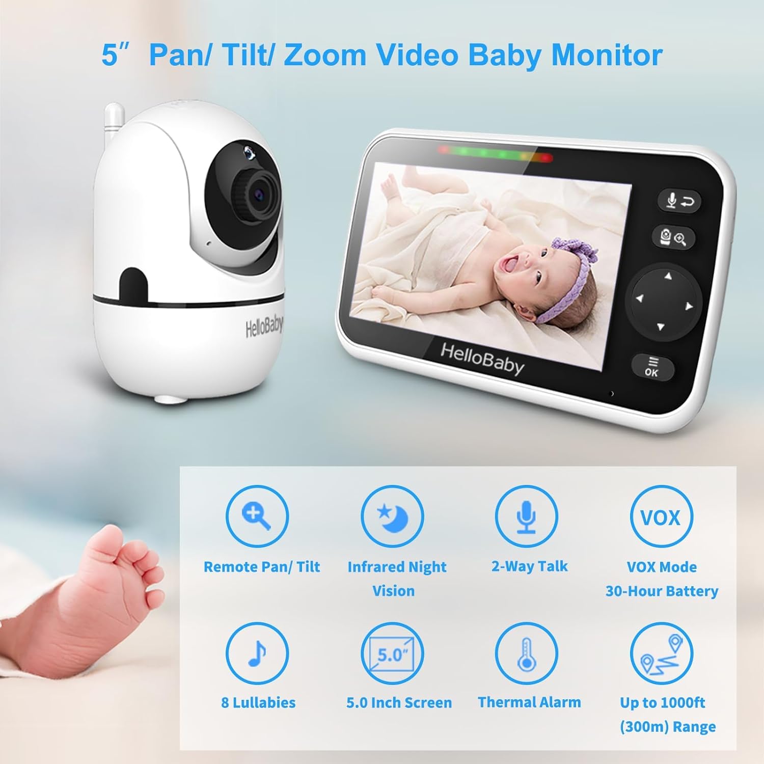 Moniteur Bébé Vidéo Sans WiFi 5 Pouces - Caméra Inclinable, Zoom et Vision Nocturne - Portée 300m et Longue Autonomie