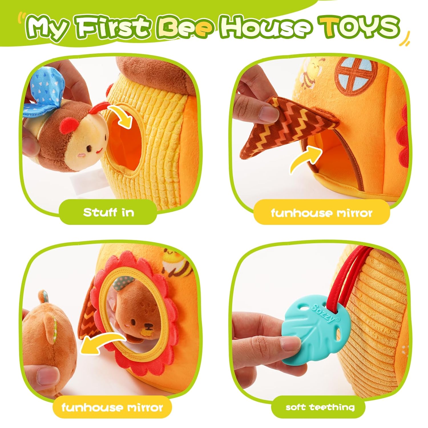 Jouet d'Éveil Sensoriel Ruche d'Abeille pour Bébé 0-12 Mois - Peluches Montessori Douces avec Hochet et Miroir pour Garçons et Filles - Cadeau de Naissance Idéal