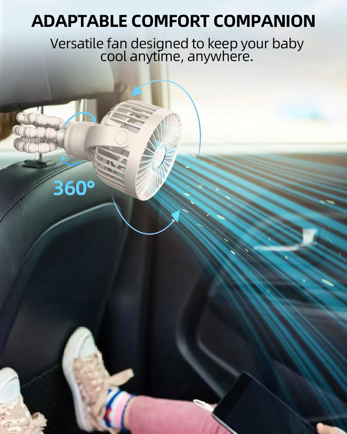 Ventilateur Portable Rechargeable pour Poussette et Voyage - Mini Ventilateur à Pince Flexible 360° avec Affichage Numérique - Essentiel Bébé Été