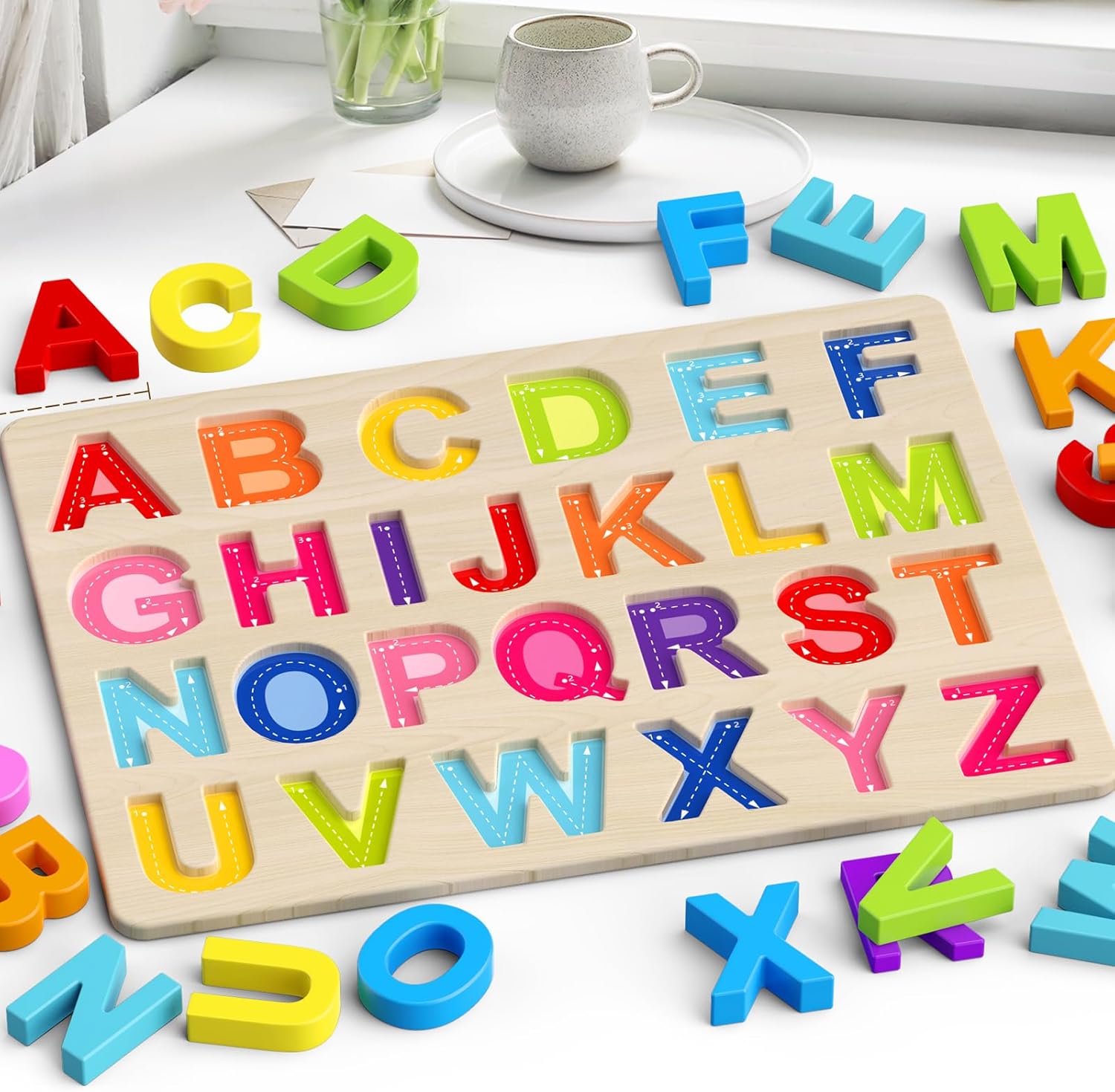 Puzzle Alphabet en Bois Montessori pour Enfants 3 Ans et Plus - Jeu Éducatif des Lettres Majuscules pour Tout-Petits Garçons et Filles - Cadeau Apprentissage Préscolaire